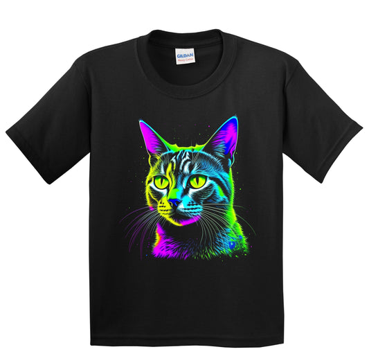 Colorful Bright Domestic Shorthair Cat Psychedelic Cat Art Youth T-Shirt