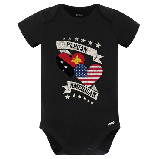 Papuan American Heart Flags Papua New Guinea America Baby Bodysuit (Black)