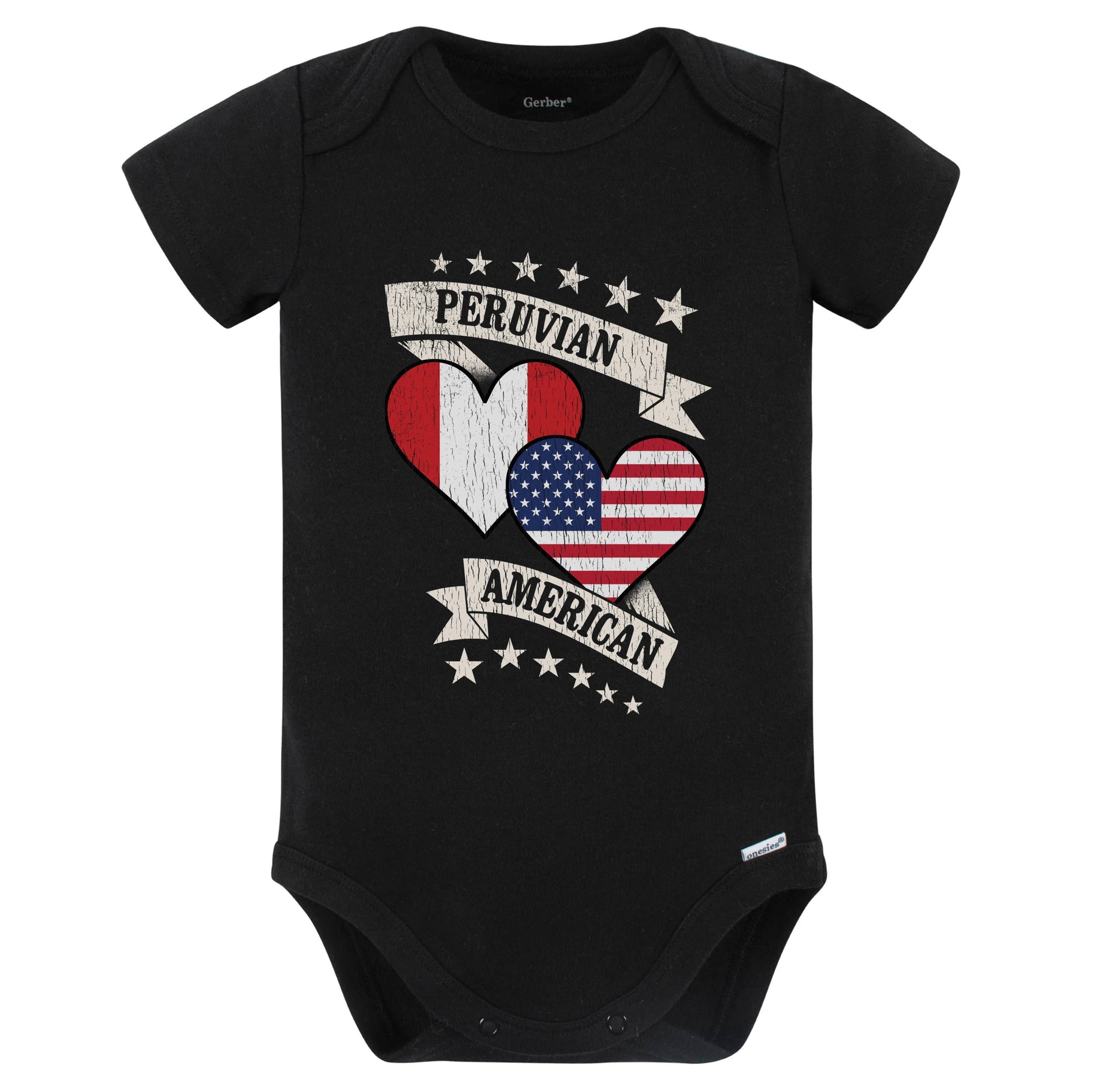 Peruvian American Heart Flags Peru America Baby Bodysuit (Black)