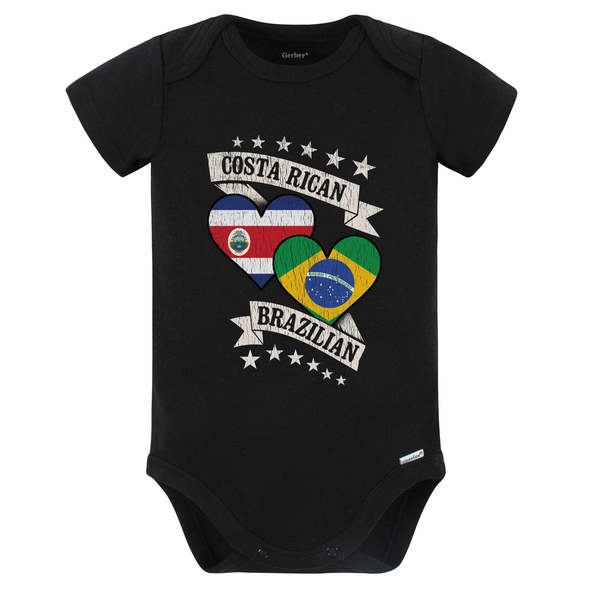 Costa Rican Brazilian Heart Flags Costa Rica Brazil Baby Bodysuit (Black)