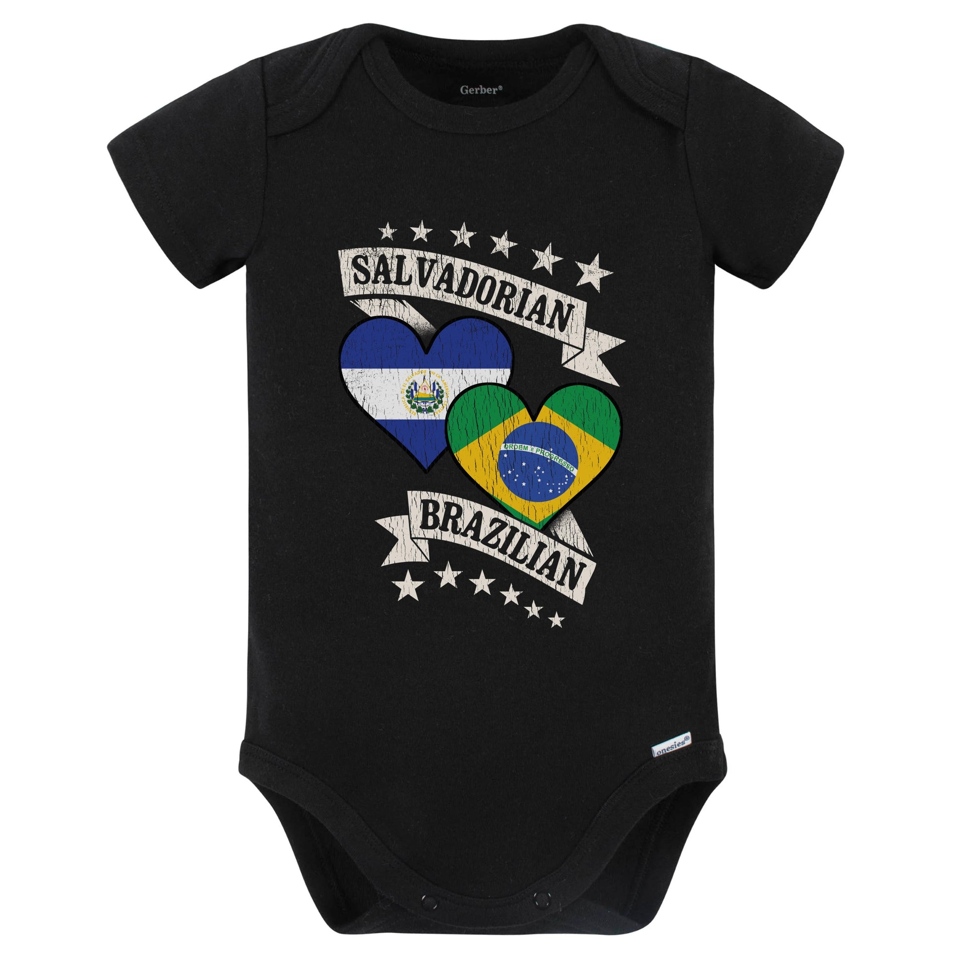 Salvadorian Brazilian Heart Flags El Salvador Brazil Baby Bodysuit (Black)
