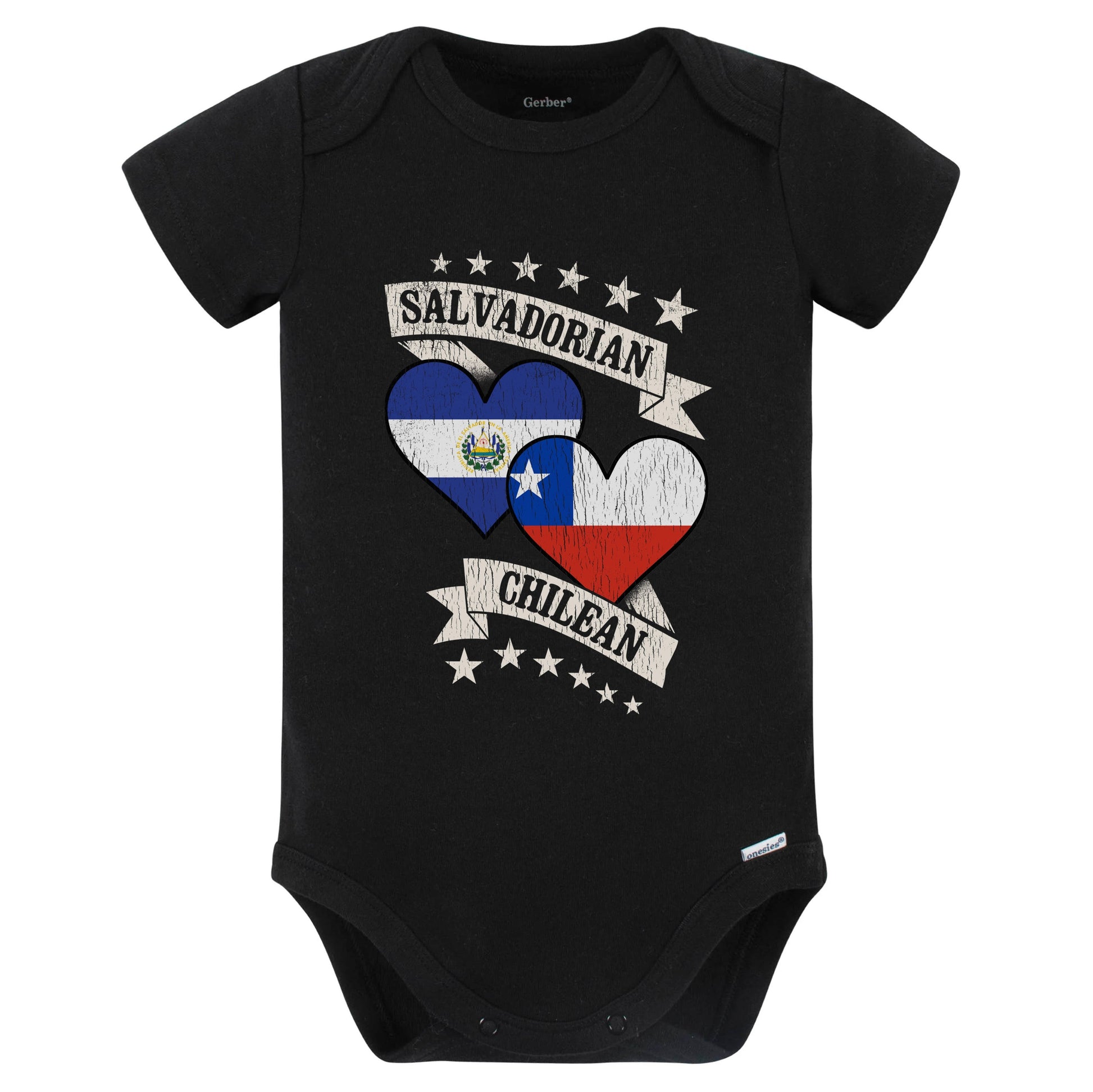 Salvadorian Chilean Heart Flags El Salvador Chile Baby Bodysuit (Black)