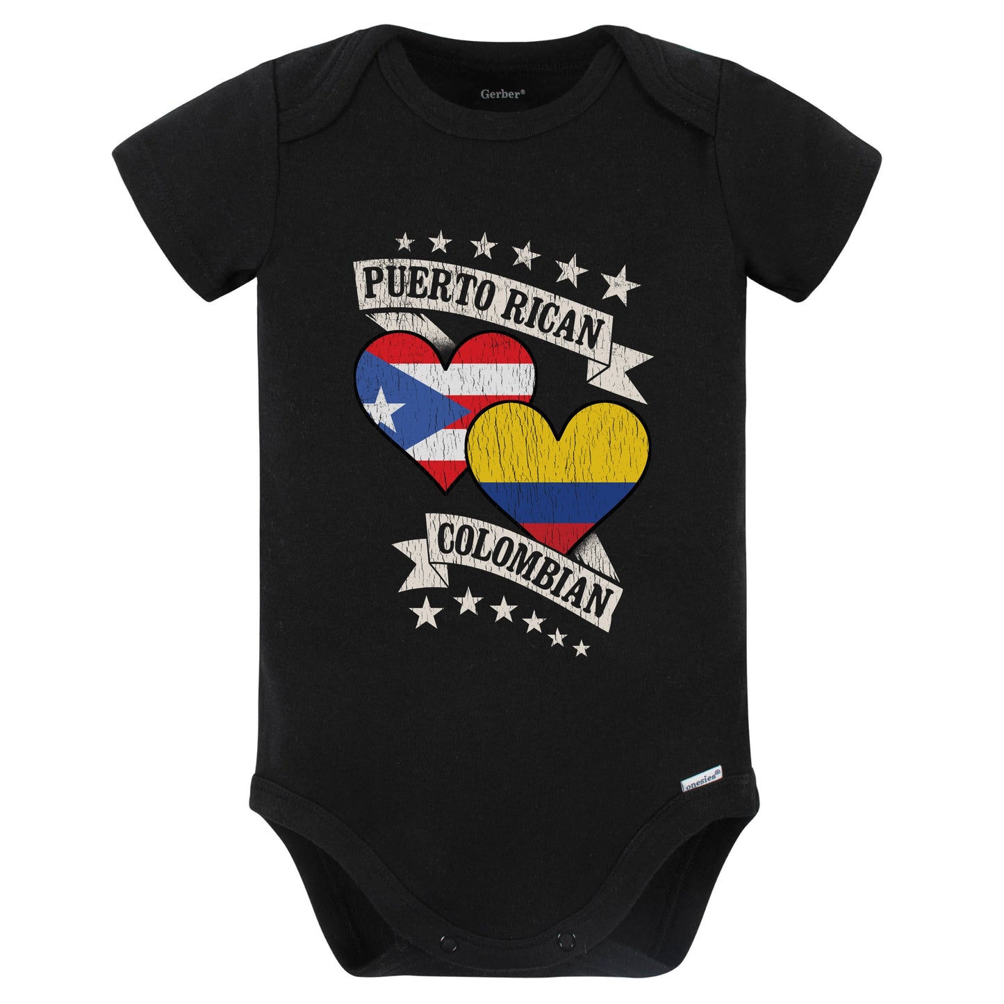 Puerto Rican Colombian Heart Flags Puerto Rico Colombia Baby Bodysuit (Black)