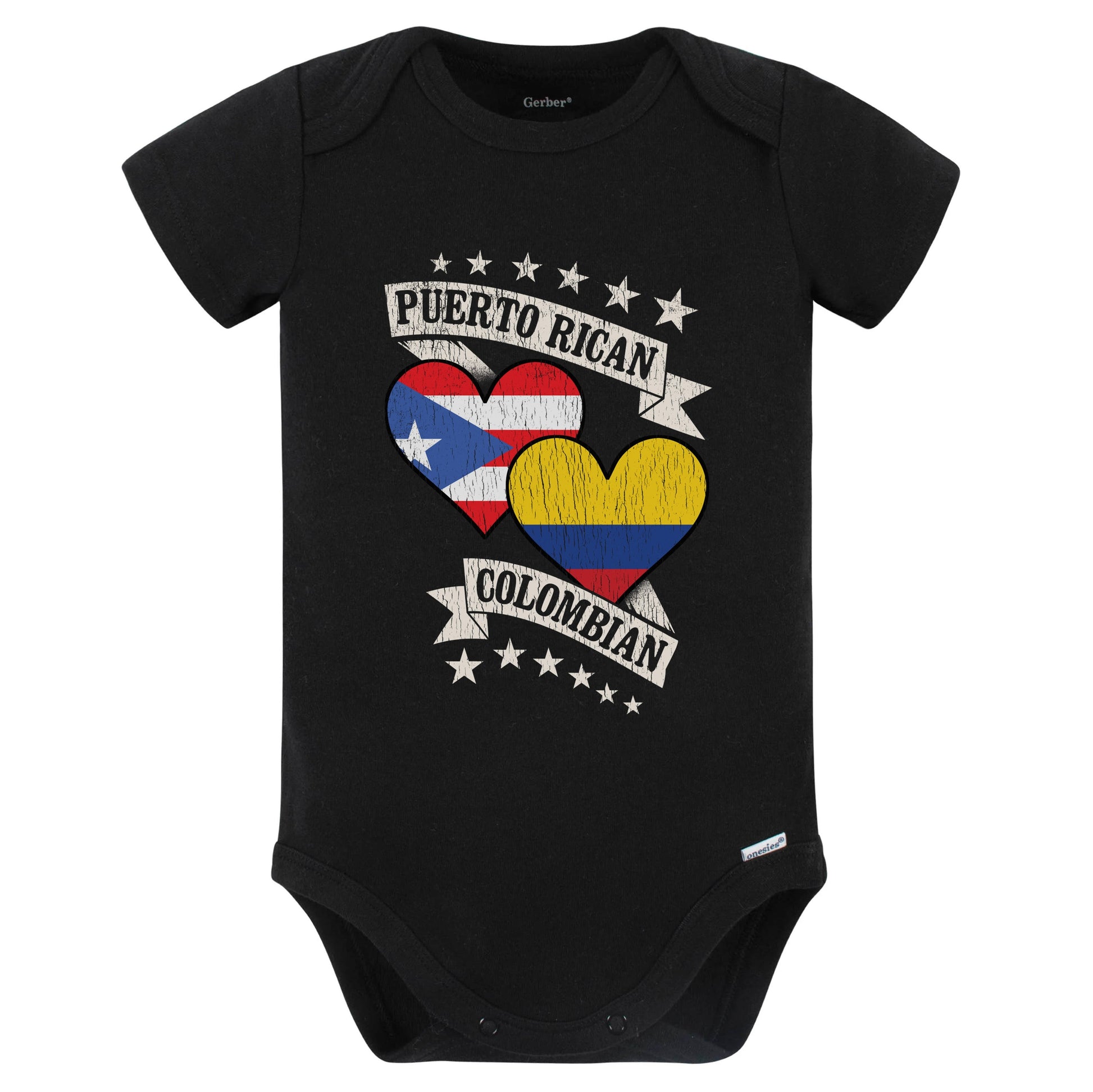 Puerto Rican Colombian Heart Flags Puerto Rico Colombia Baby Bodysuit (Black)
