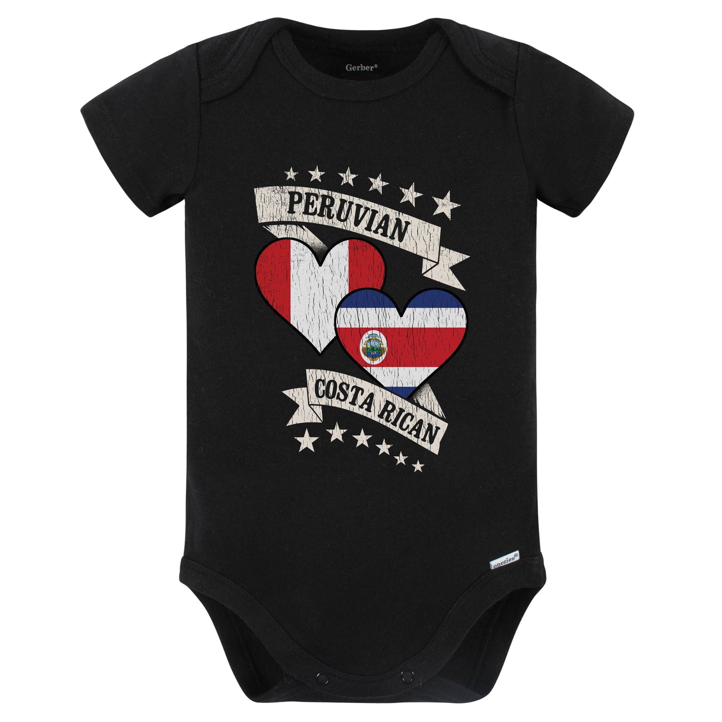 Peruvian Costa Rican Heart Flags Peru Costa Rica Baby Bodysuit (Black)