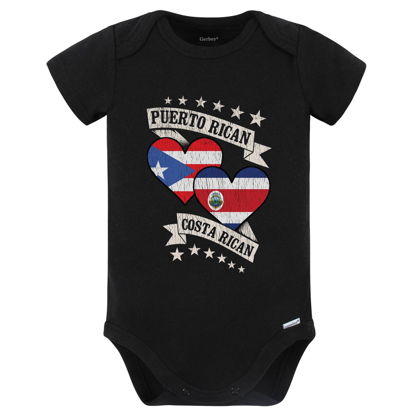 Puerto Rican Costa Rican Heart Flags Puerto Rico Costa Rica Baby Bodysuit (Black)