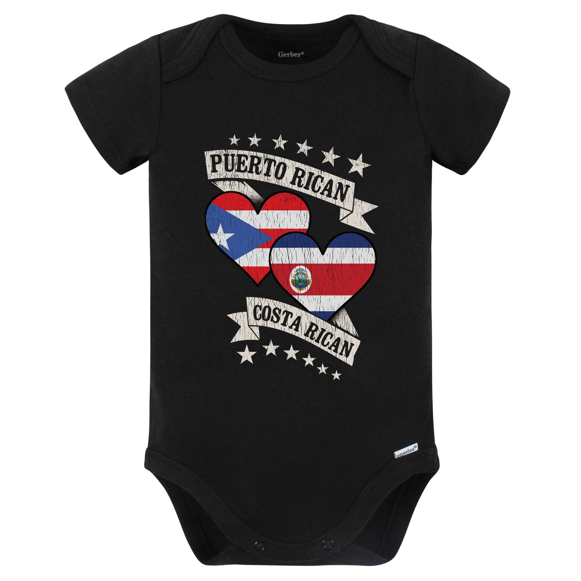 Puerto Rican Costa Rican Heart Flags Puerto Rico Costa Rica Baby Bodysuit (Black)