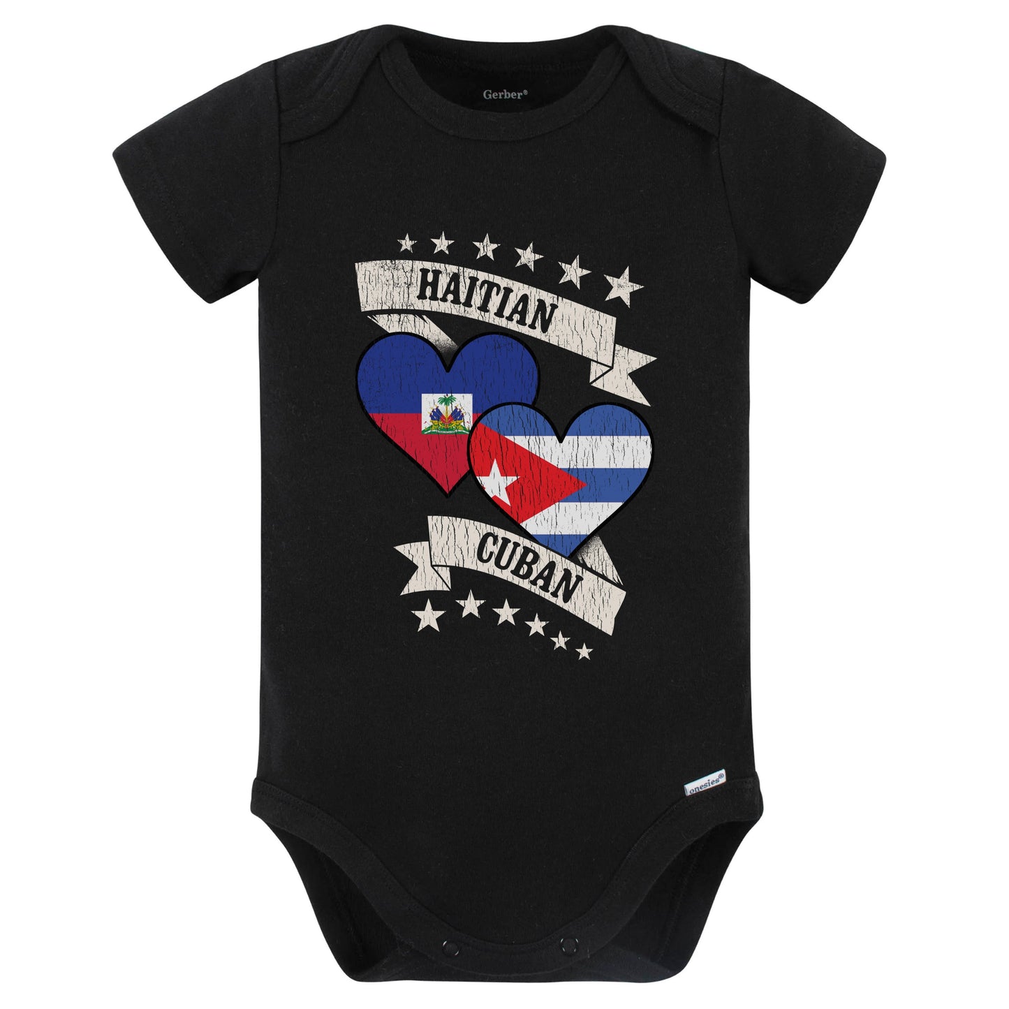 Haitian Cuban Heart Flags Haiti Cuba Baby Bodysuit (Black)