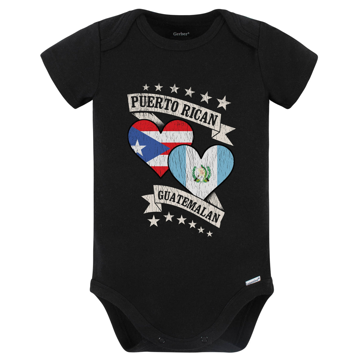 Puerto Rican Guatemalan Heart Flags Puerto Rico Guatemala Baby Bodysuit (Black)