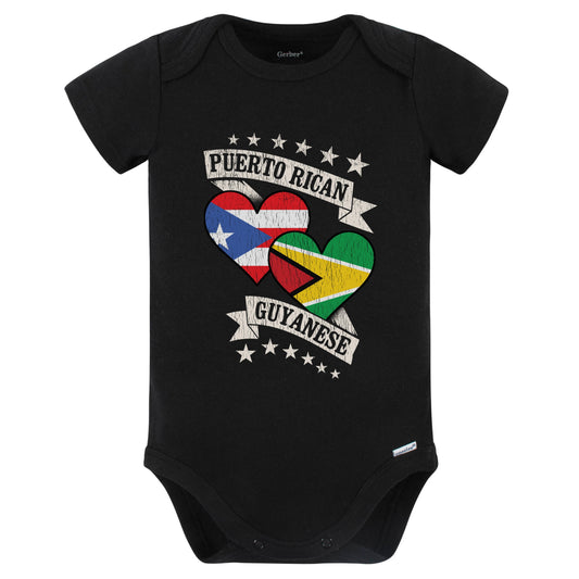 Puerto Rican Guyanese Heart Flags Puerto Rico Guyana Baby Bodysuit (Black)