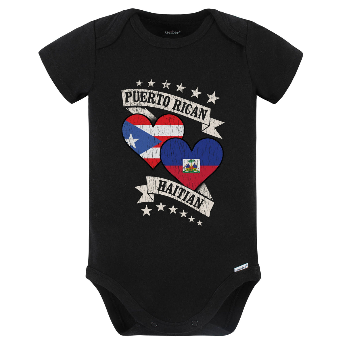 Puerto Rican Haitian Heart Flags Puerto Rico Haiti Baby Bodysuit (Black)