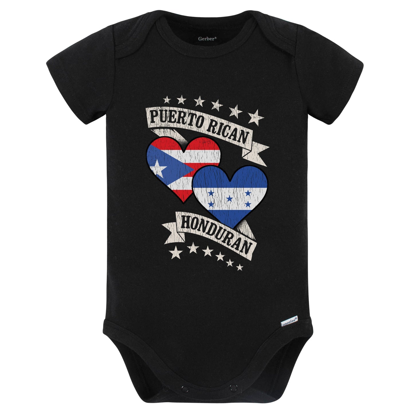 Puerto Rican Honduran Heart Flags Puerto Rico Honduras Baby Bodysuit (Black)