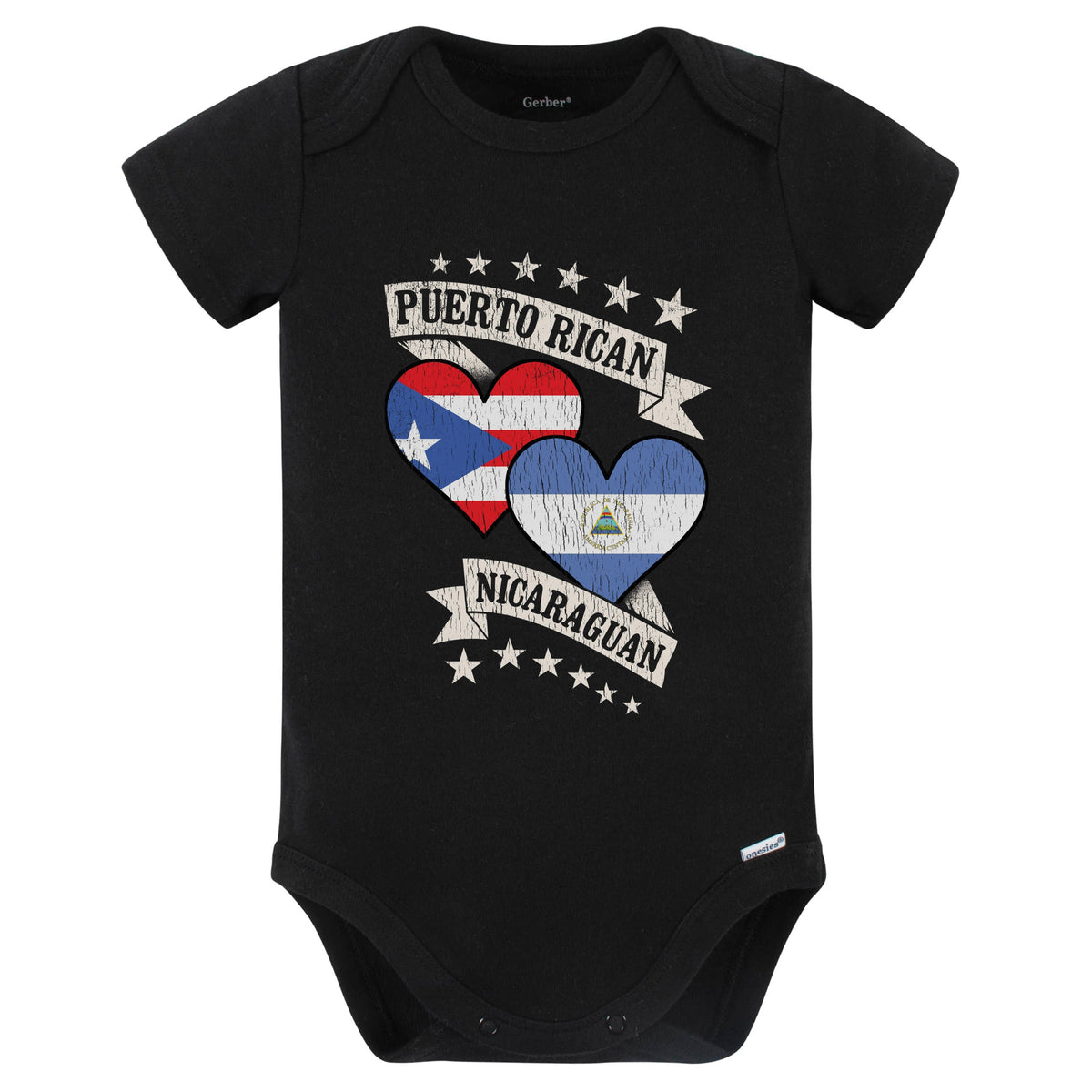 Puerto Rican Nicaraguan Heart Flags Puerto Rico Nicaragua Baby Bodysuit (Black)
