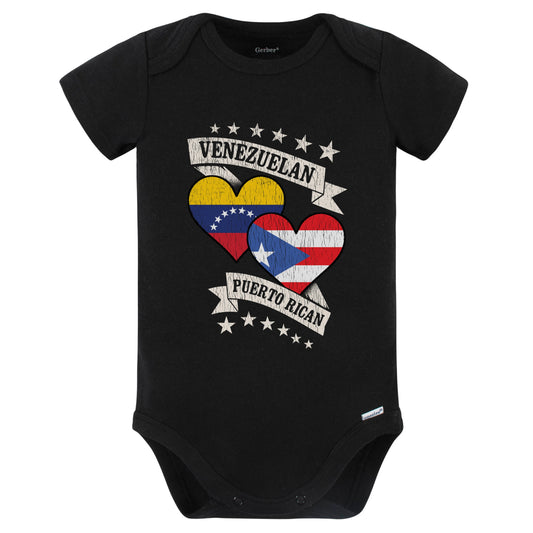Venezuela Puerto Rican Heart Flags Venezuela Puerto Rico Baby Bodysuit (Black)