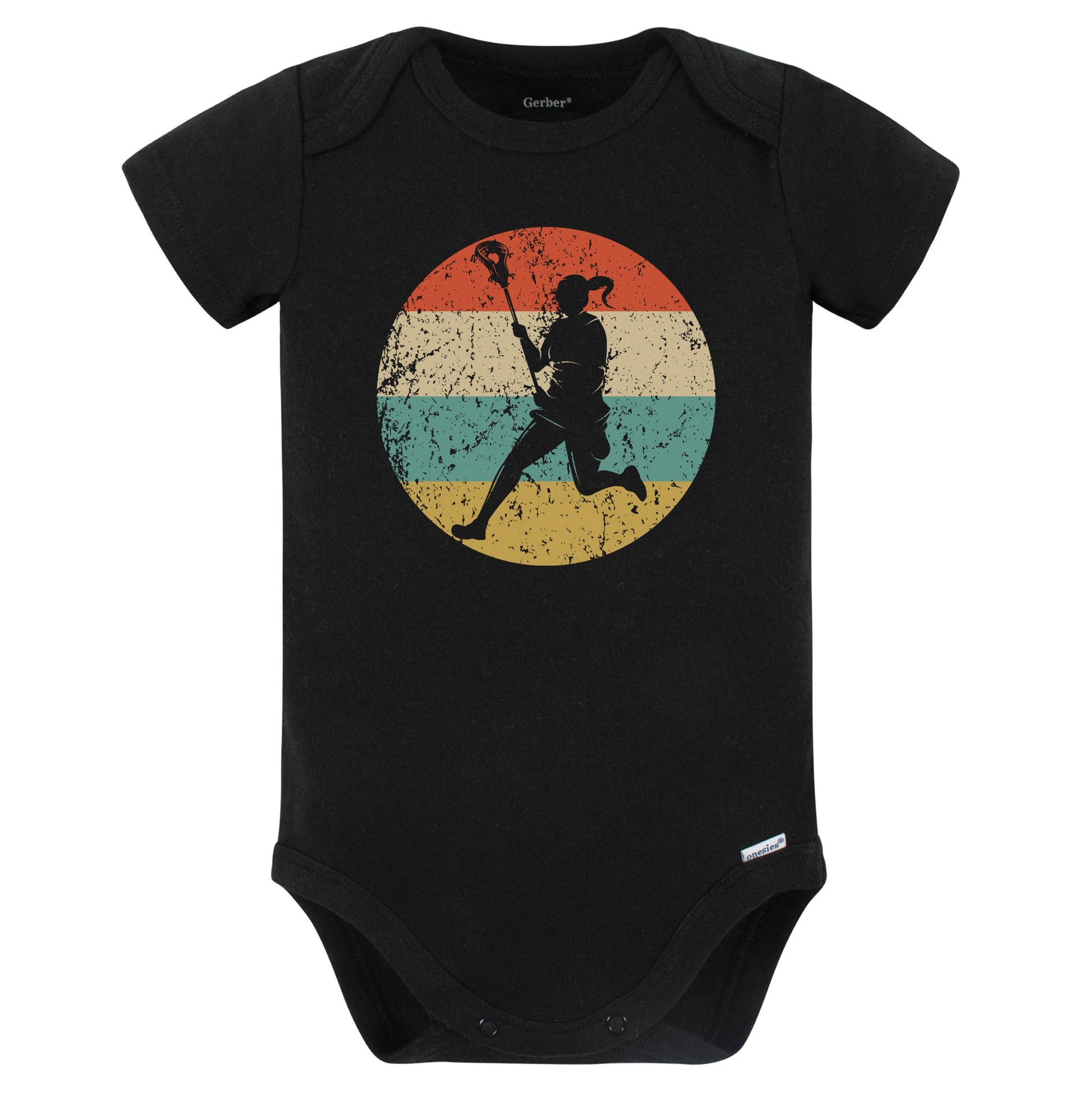Retro Lacrosse Player Female Athlete Girls Sports Baby Bodysuit (Black)