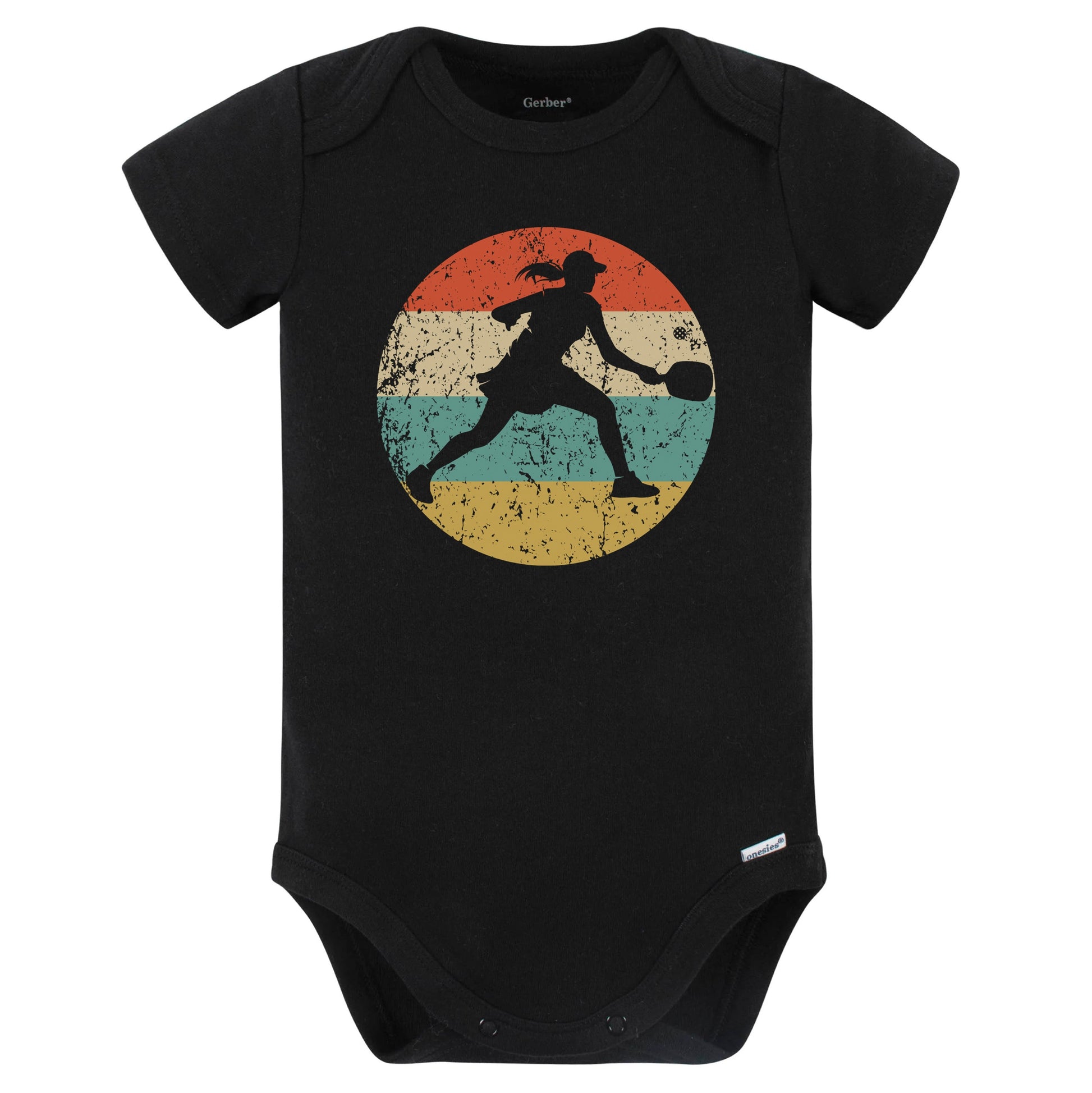 Retro Pickleball Player Female Athlete Girls Sports Baby Bodysuit (Black)