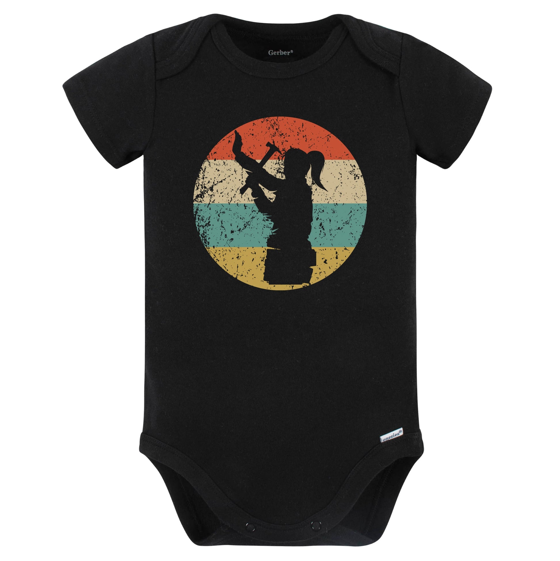 Retro Female Carpenter Hammering Vintage Style Carpentry Baby Bodysuit (Black)