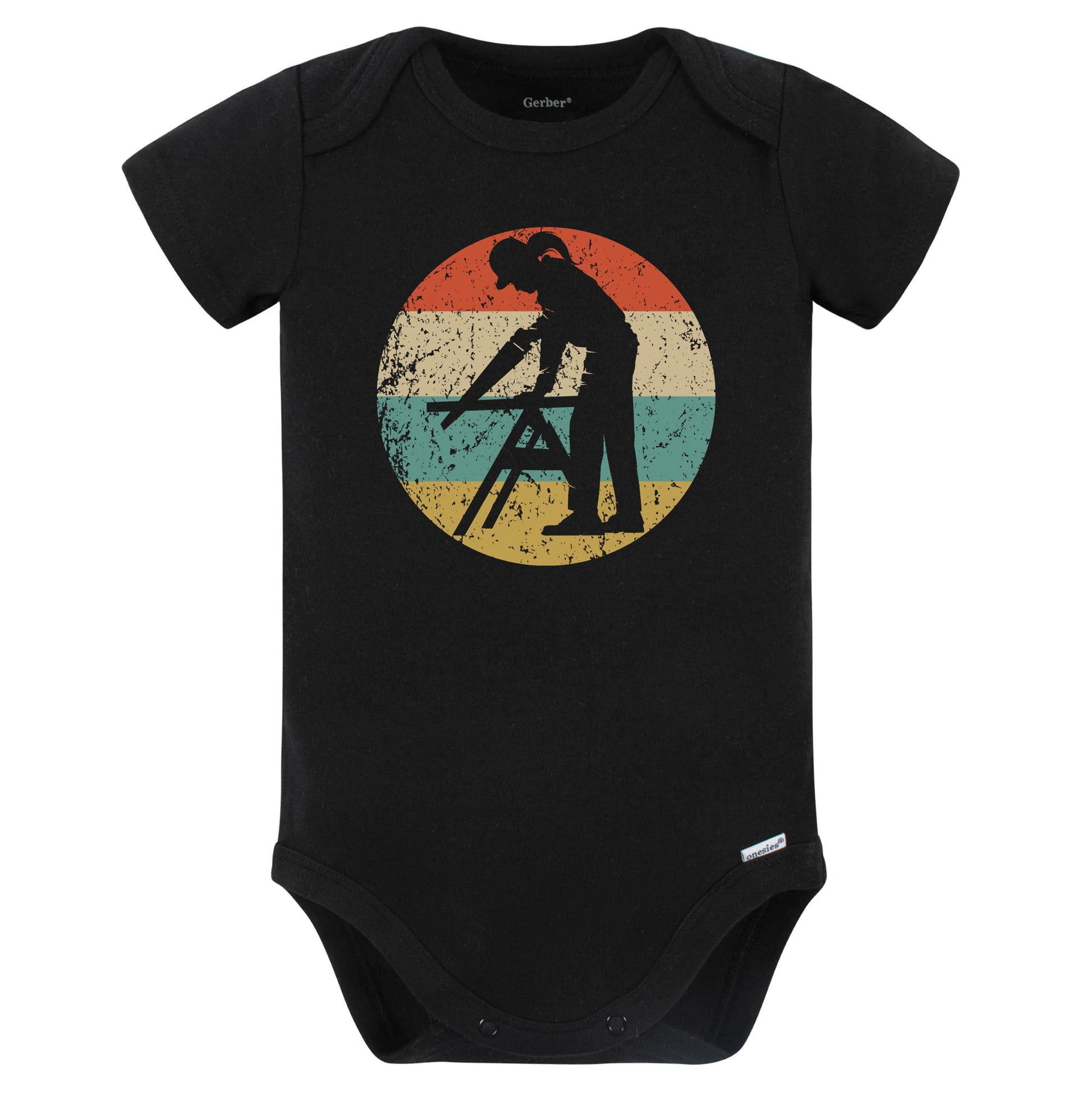 Retro Female Carpenter Sawing Vintage Style Carpentry Baby Bodysuit (Black)