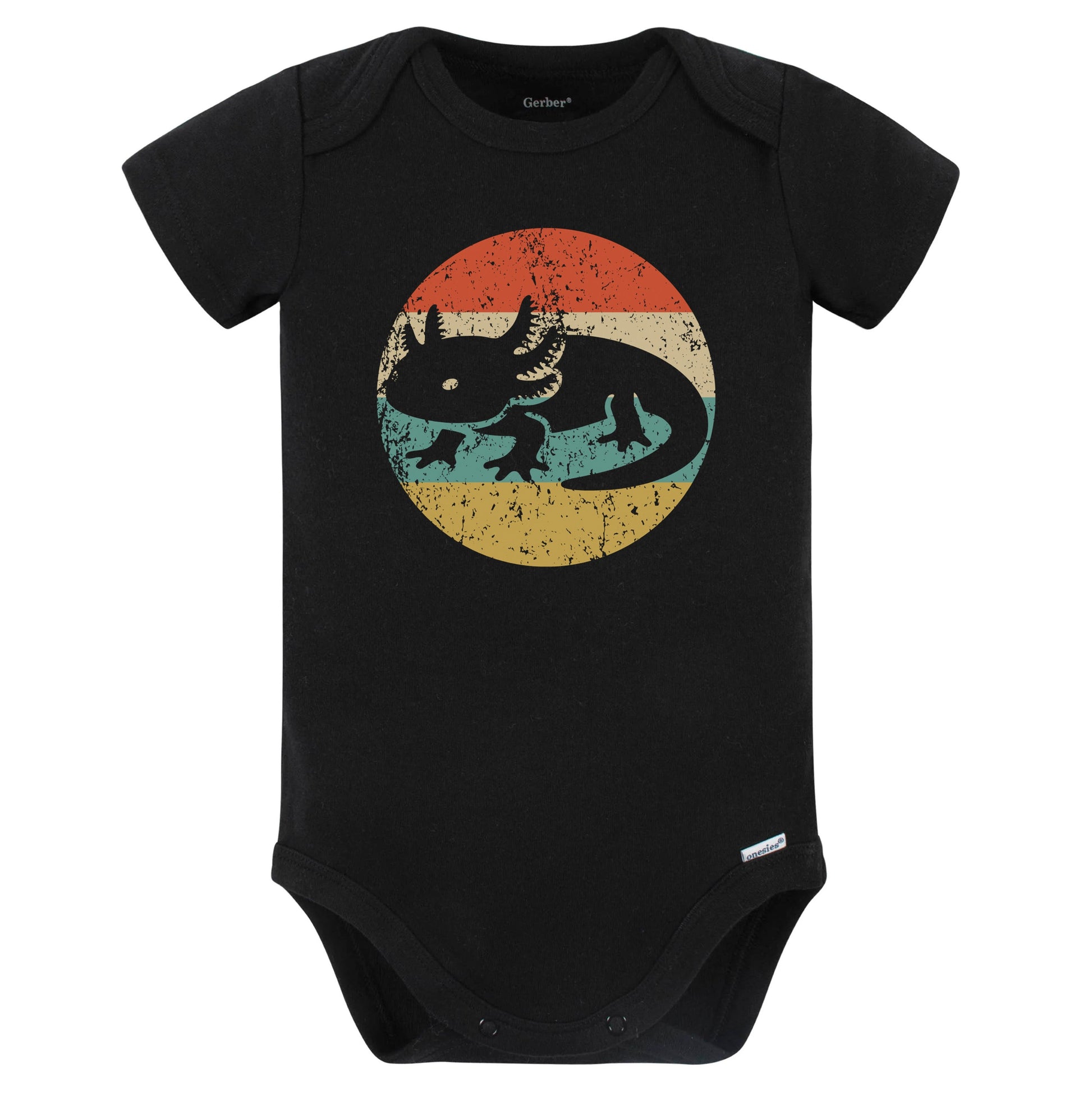 Retro Axolotl Salamander Vintage Style Cute Animal Baby Bodysuit (Black)