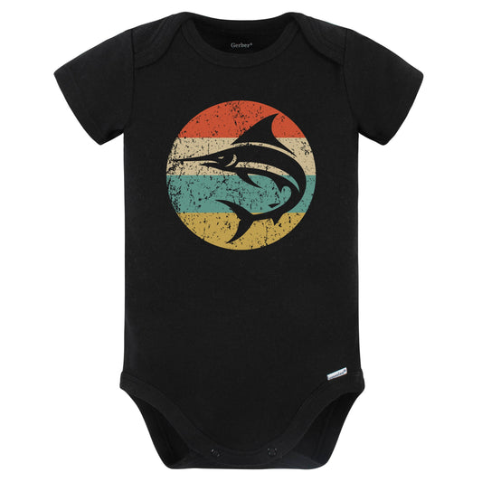 Retro Marlin Swordfish Vintage Style Ocean Big Game Fishing Baby Bodysuit (Black)