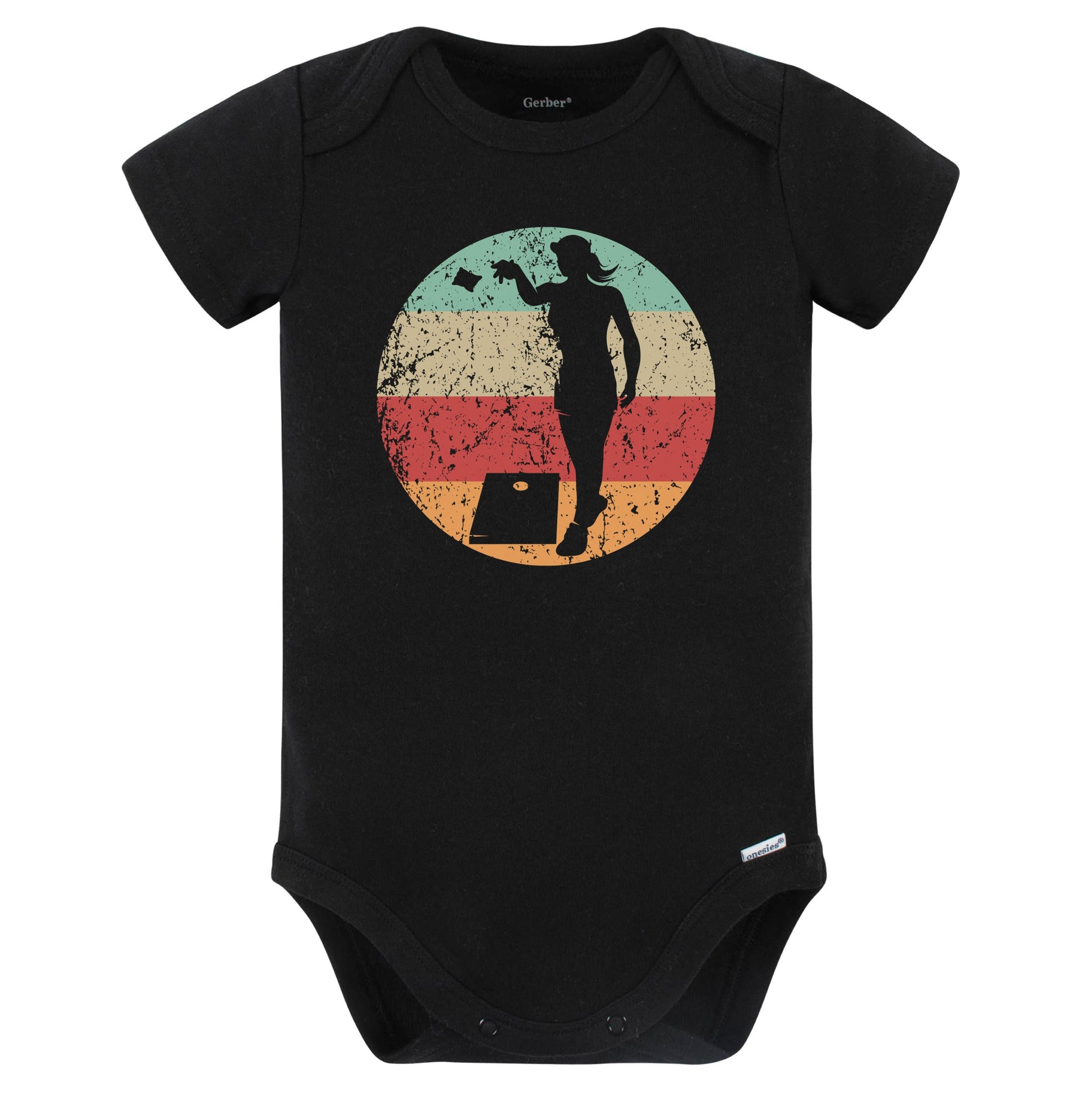 Retro Cornhole Toss Female Athlete Girls Sports Baby Bodysuit (Black)