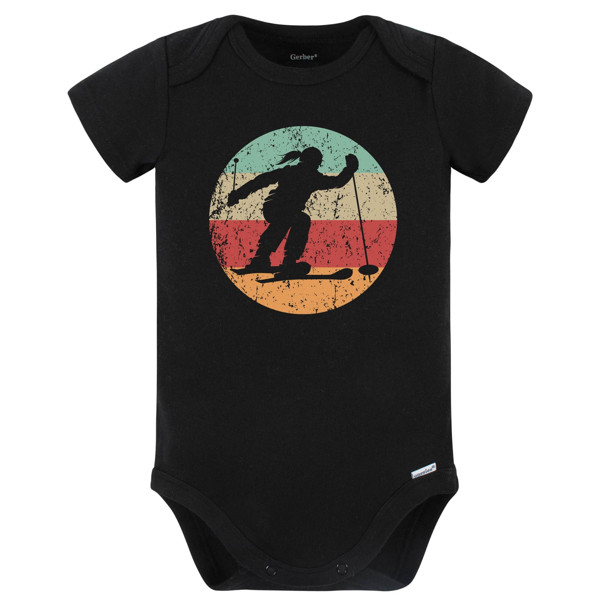 Retro Skier Female Athlete Skiing Girls Sports Baby Bodysuit (Black)