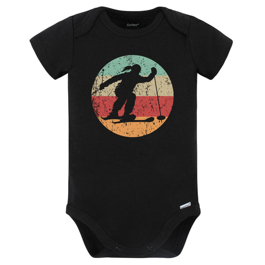 Retro Skier Female Athlete Skiing Girls Sports Baby Bodysuit (Black)