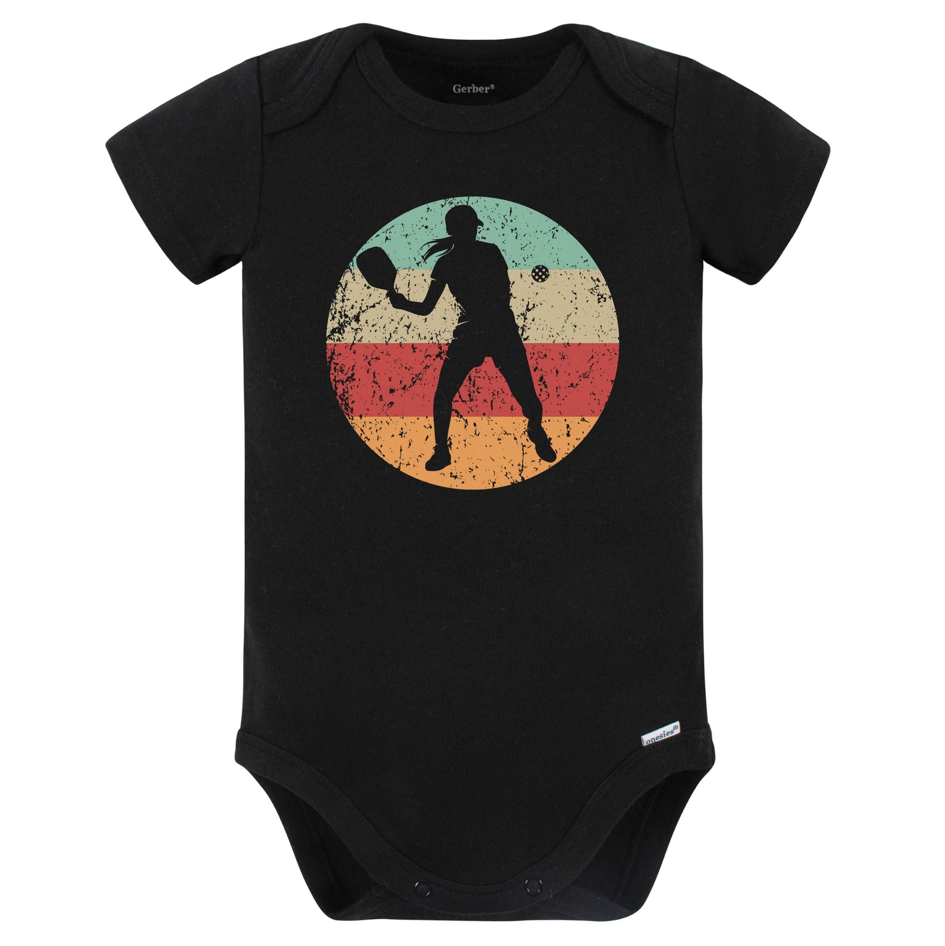 Retro Pickleball Player Female Athlete Girls Sports Baby Bodysuit (Black)