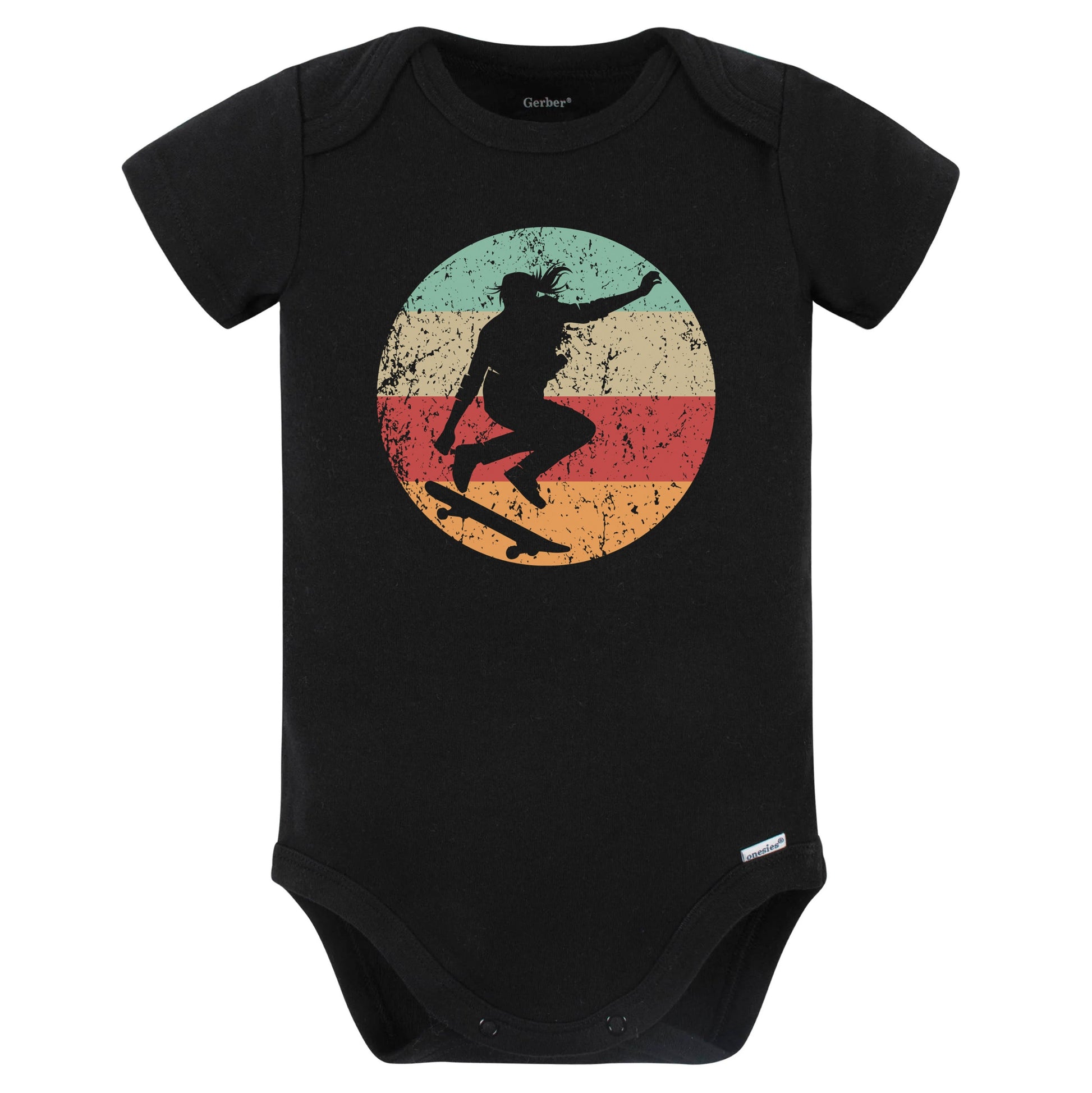 Retro Skateboarder Female Athlete Skateboarding Girls Sports Baby Bodysuit (Black)