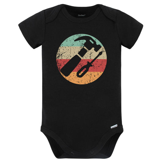 Retro Hammer and Screwdriver Vintage Style Carpenter Baby Bodysuit (Black)