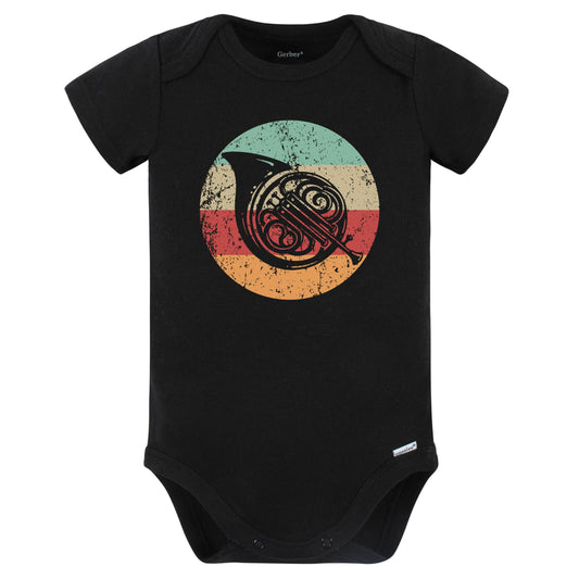 Retro French Horn Vintage Style Musician Musical Instrument Baby Bodysuit (Black)