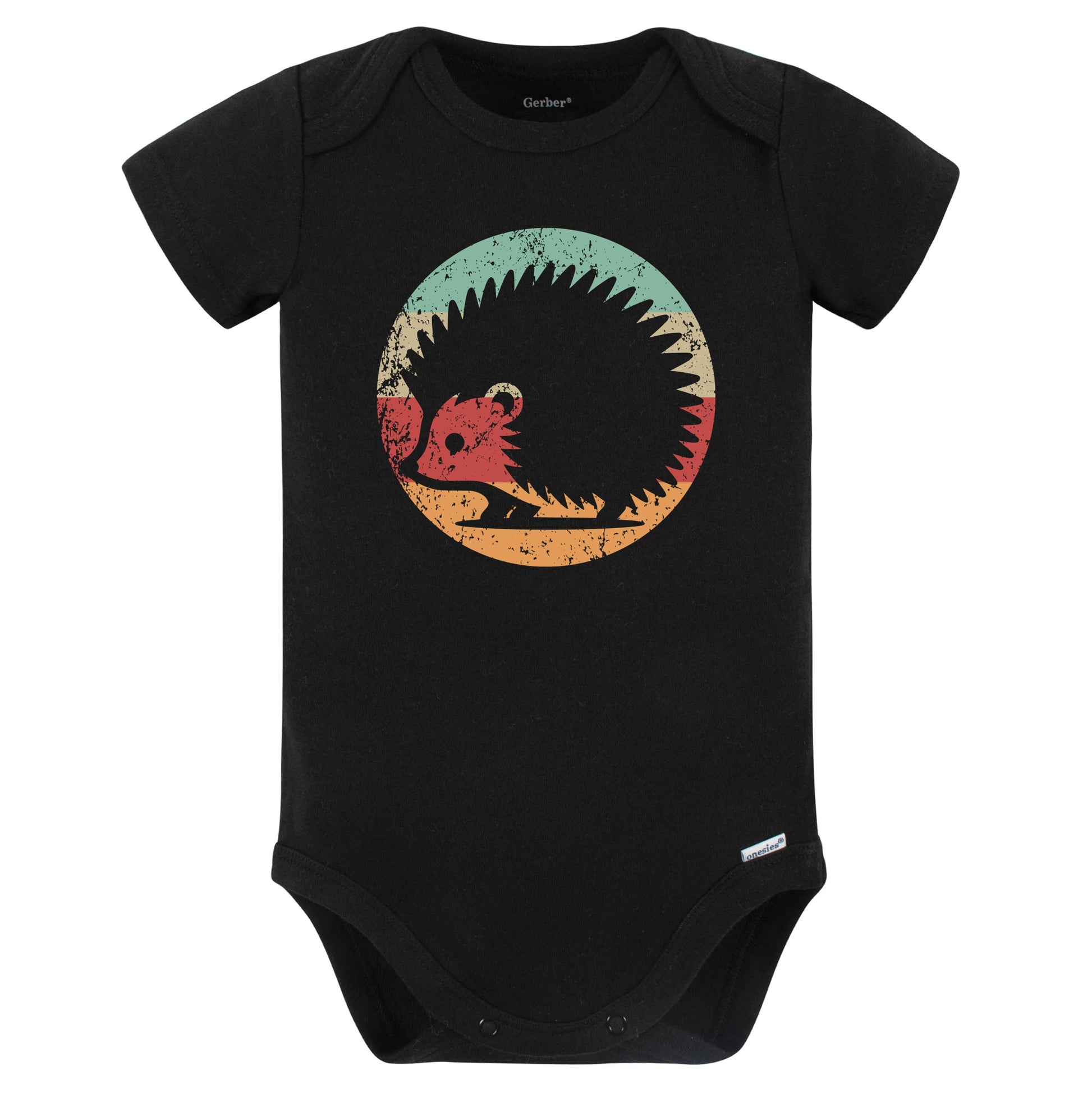 Retro Hedgehog Hedgepig Vintage Style Cute Animal Baby Bodysuit (Black)