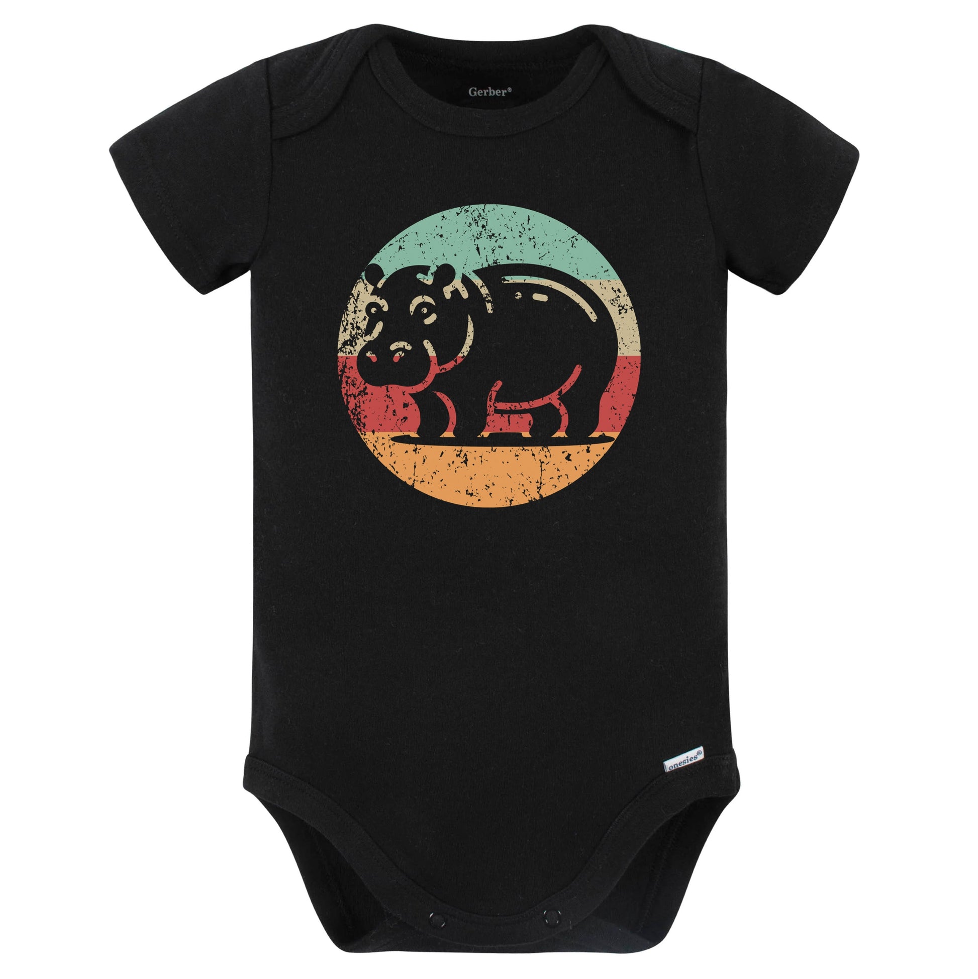 Retro Hippopotamus Hippo Vintage Style Wild Animal Baby Bodysuit (Black)
