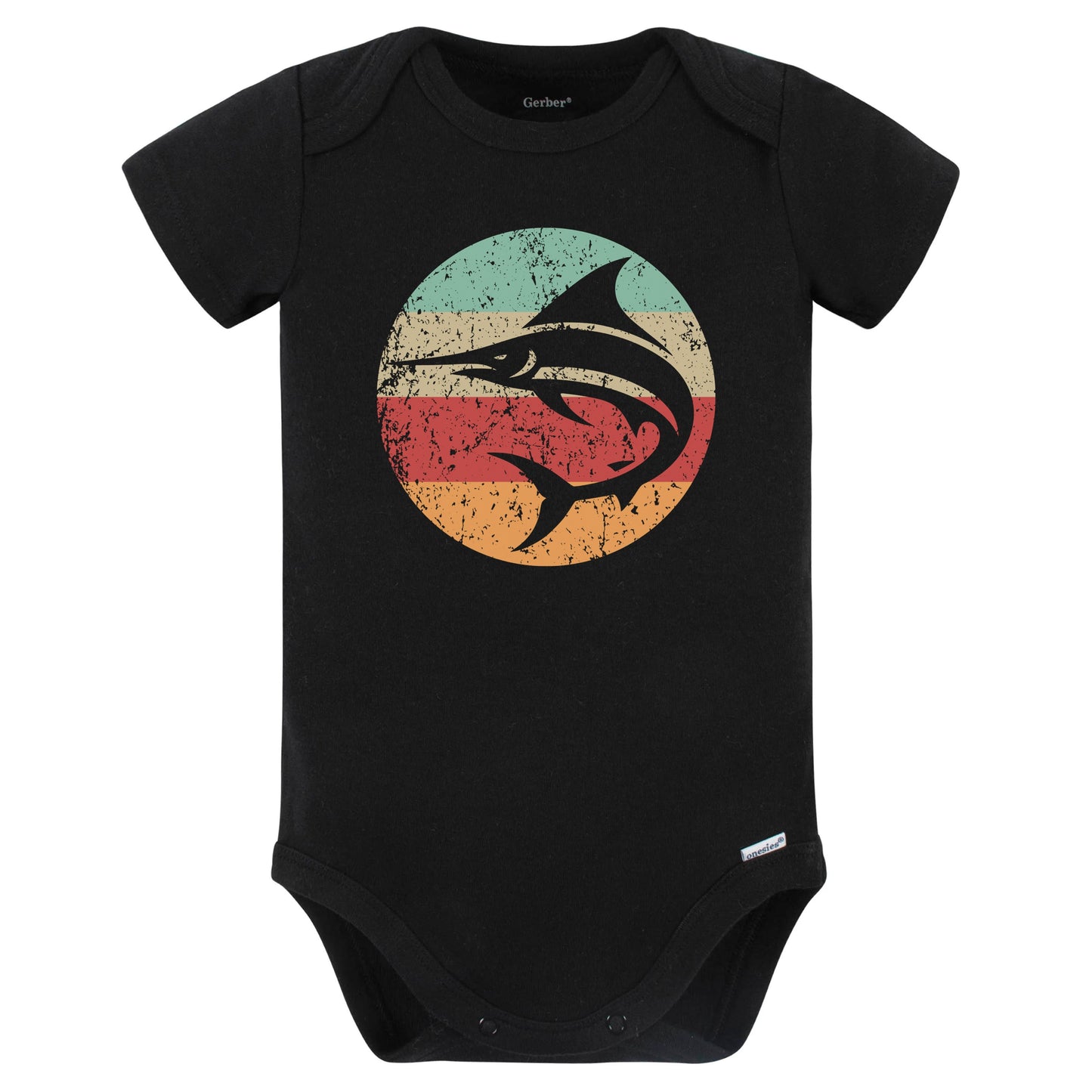 Retro Marlin Swordfish Vintage Style Ocean Big Game Fishing Baby Bodysuit (Black)