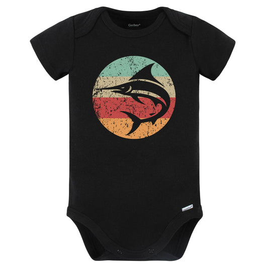 Retro Marlin Swordfish Vintage Style Ocean Big Game Fishing Baby Bodysuit (Black)