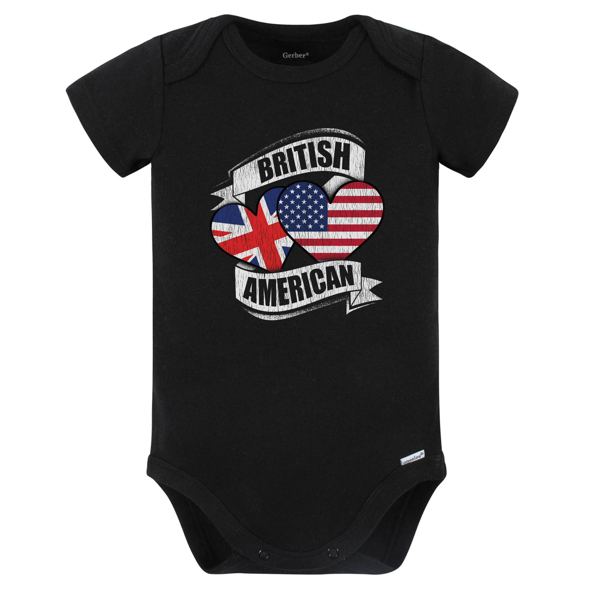 British American Hearts USA United Kingdom UK Flags Baby Bodysuit (Black)