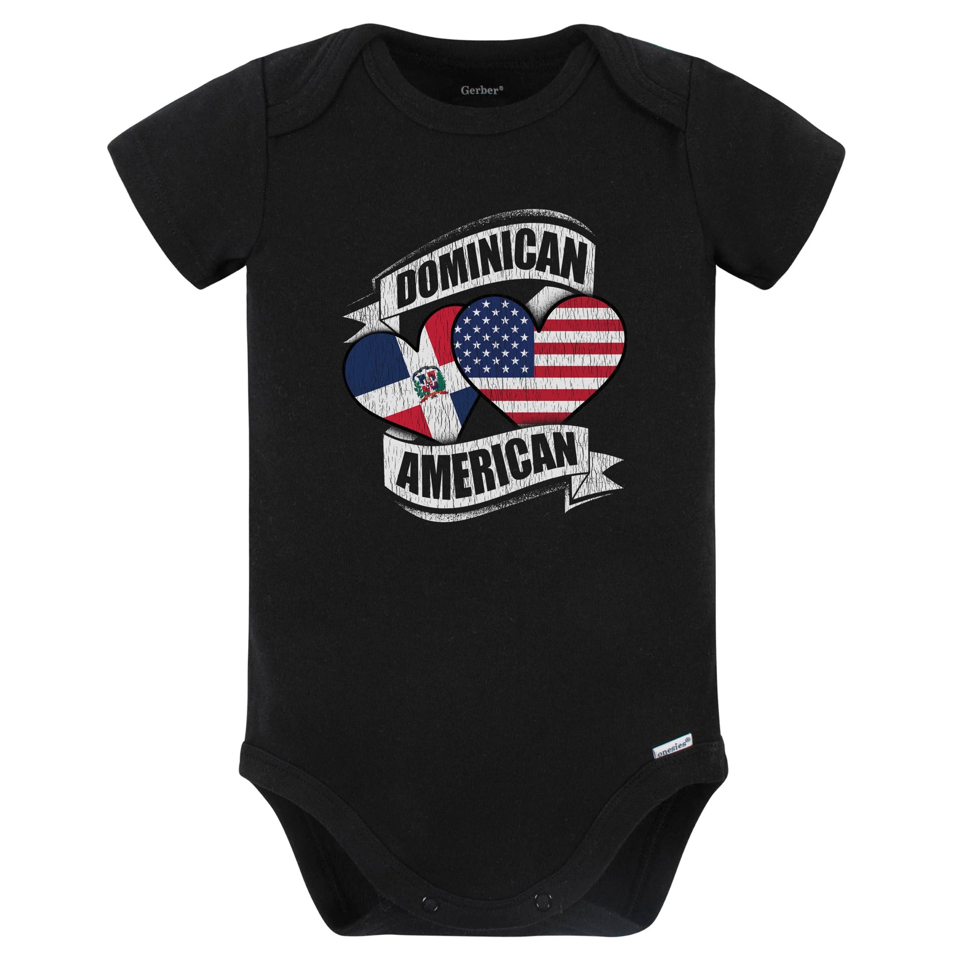 Dominican American Hearts USA Dominican Republic Flags Baby Bodysuit (Black)