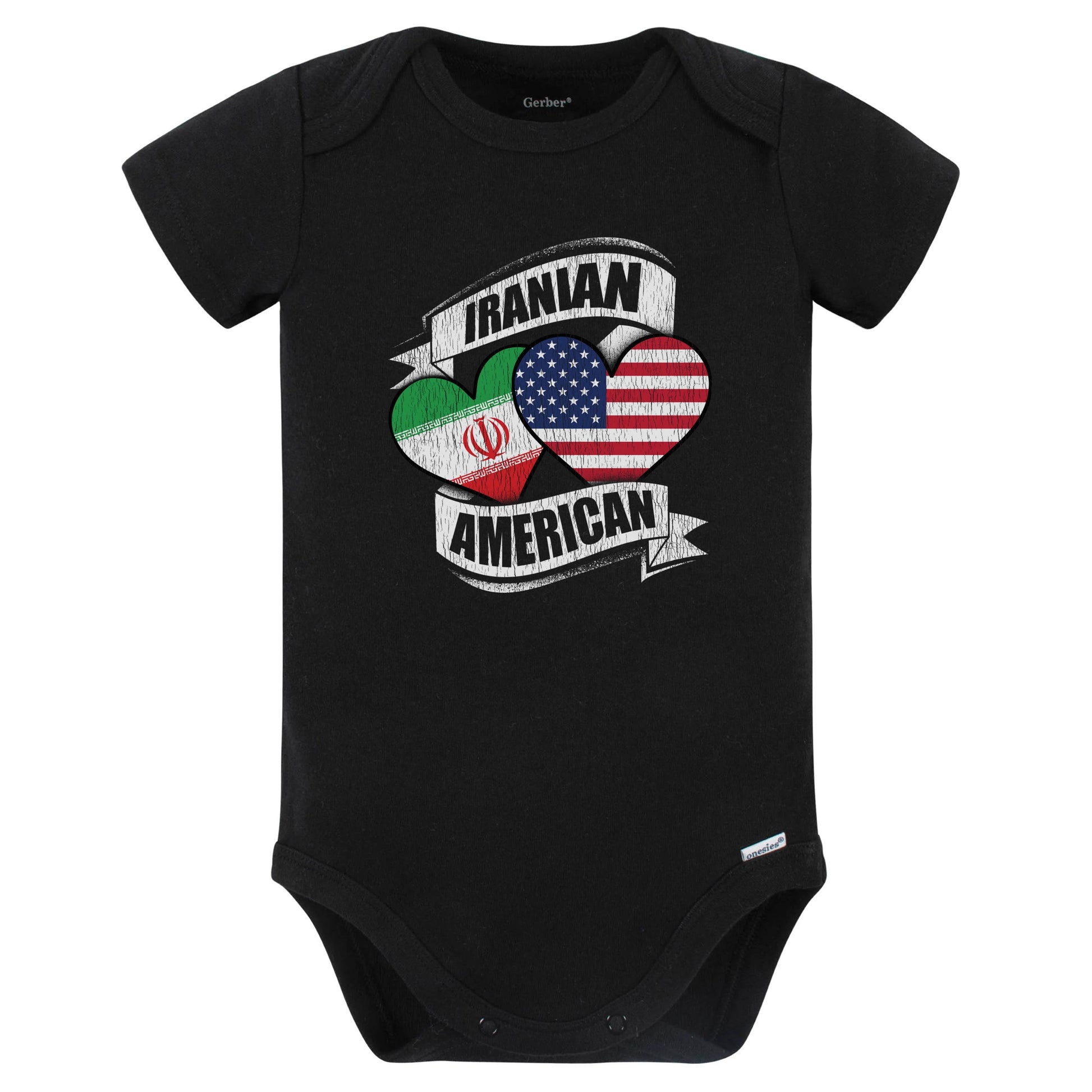 Iranian American Hearts USA Iran Flags Baby Bodysuit (Black)