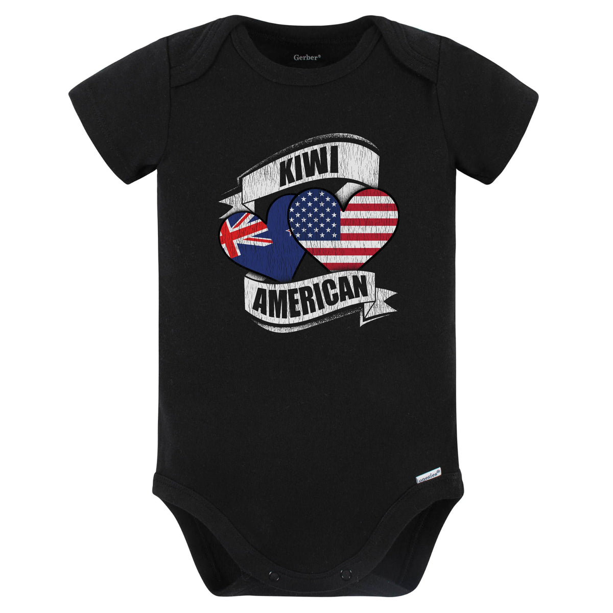 Kiwi American Hearts USA New Zealand Flags Baby Bodysuit (Black)