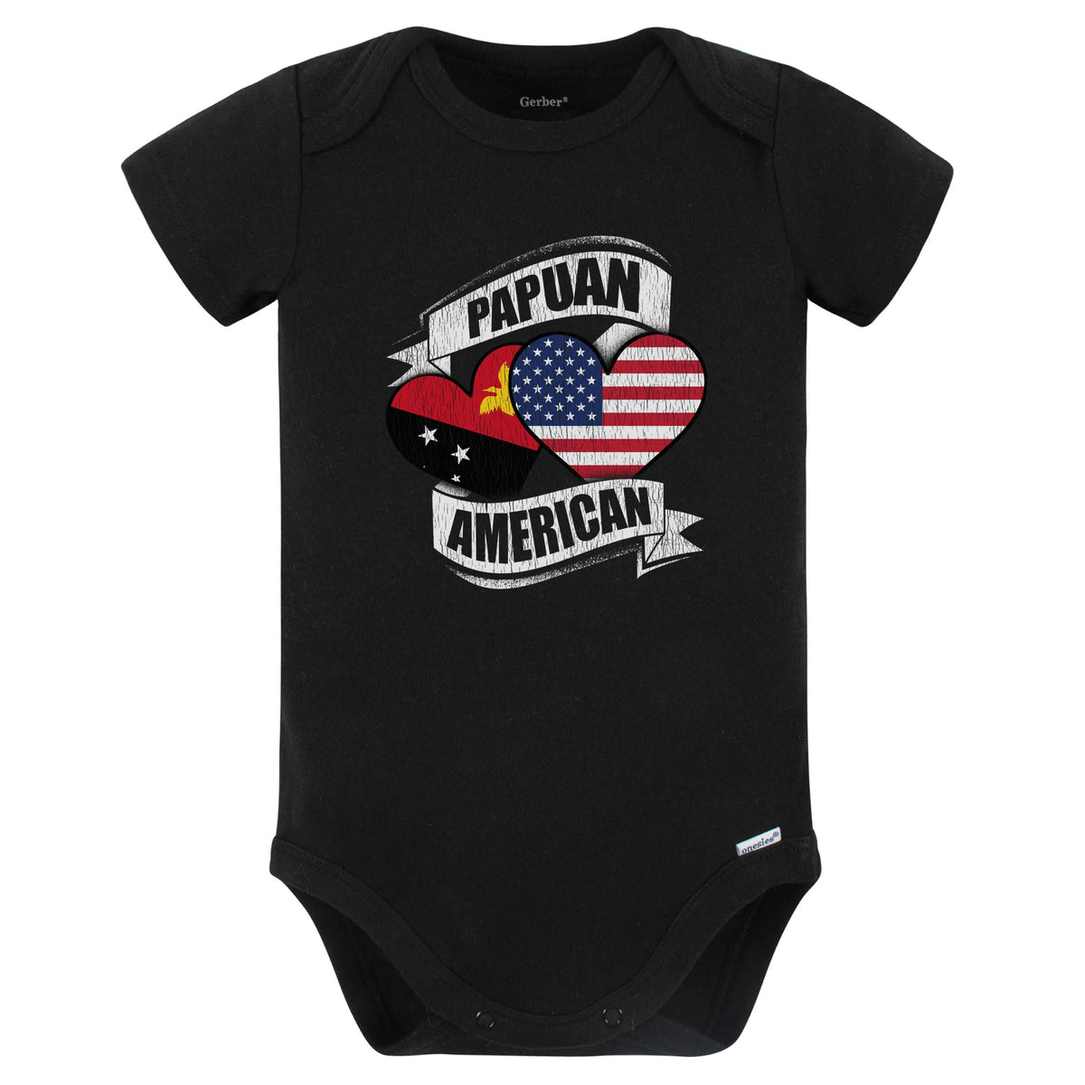 Papuan American Hearts USA Papua New Guinea Flags Baby Bodysuit (Black)