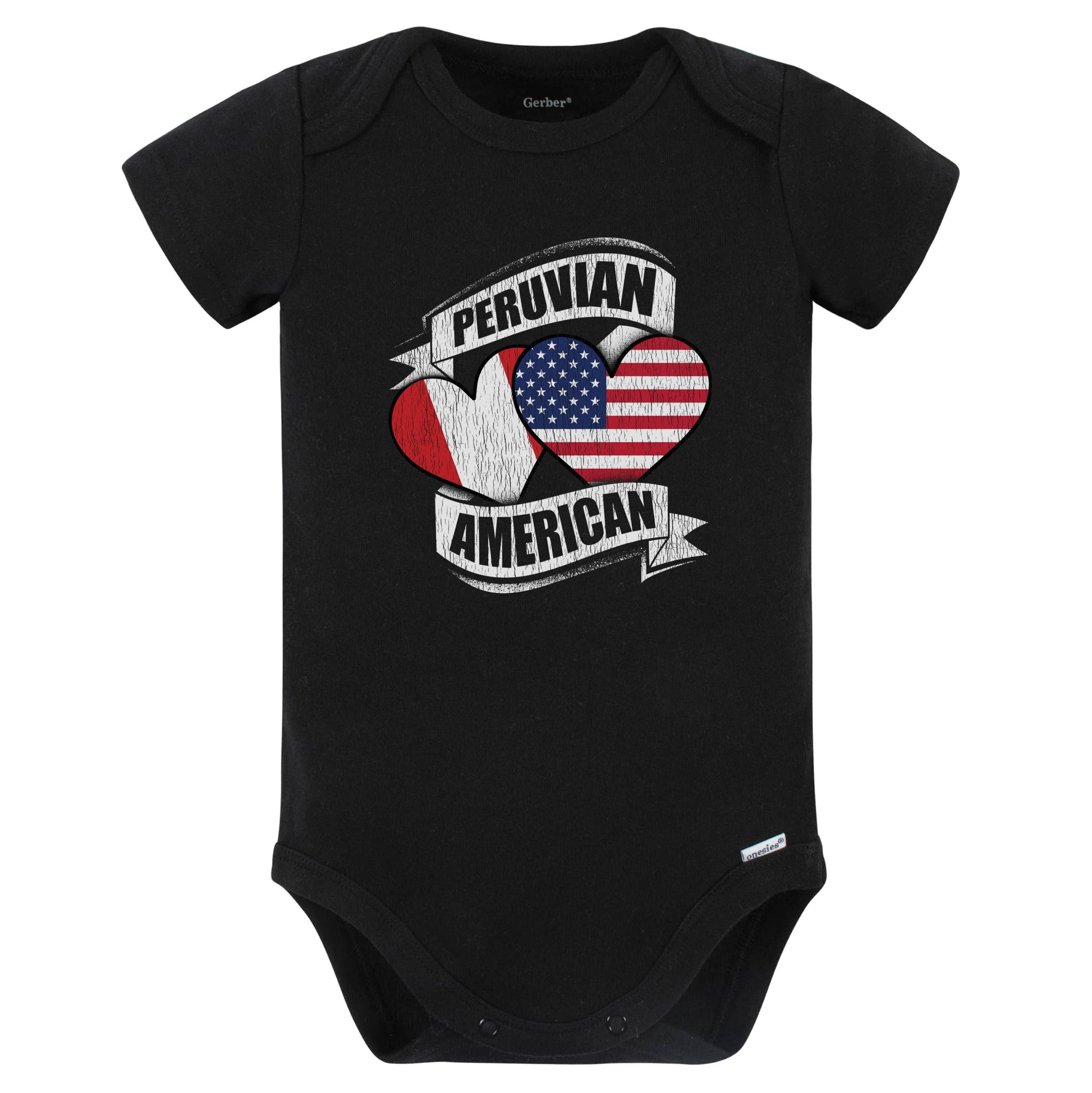 Peruvian American Hearts USA Peru Flags Baby Bodysuit (Black)