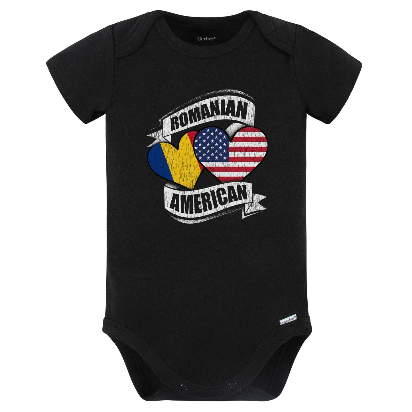 Romanian American Hearts USA Romania Flags Baby Bodysuit (Black)