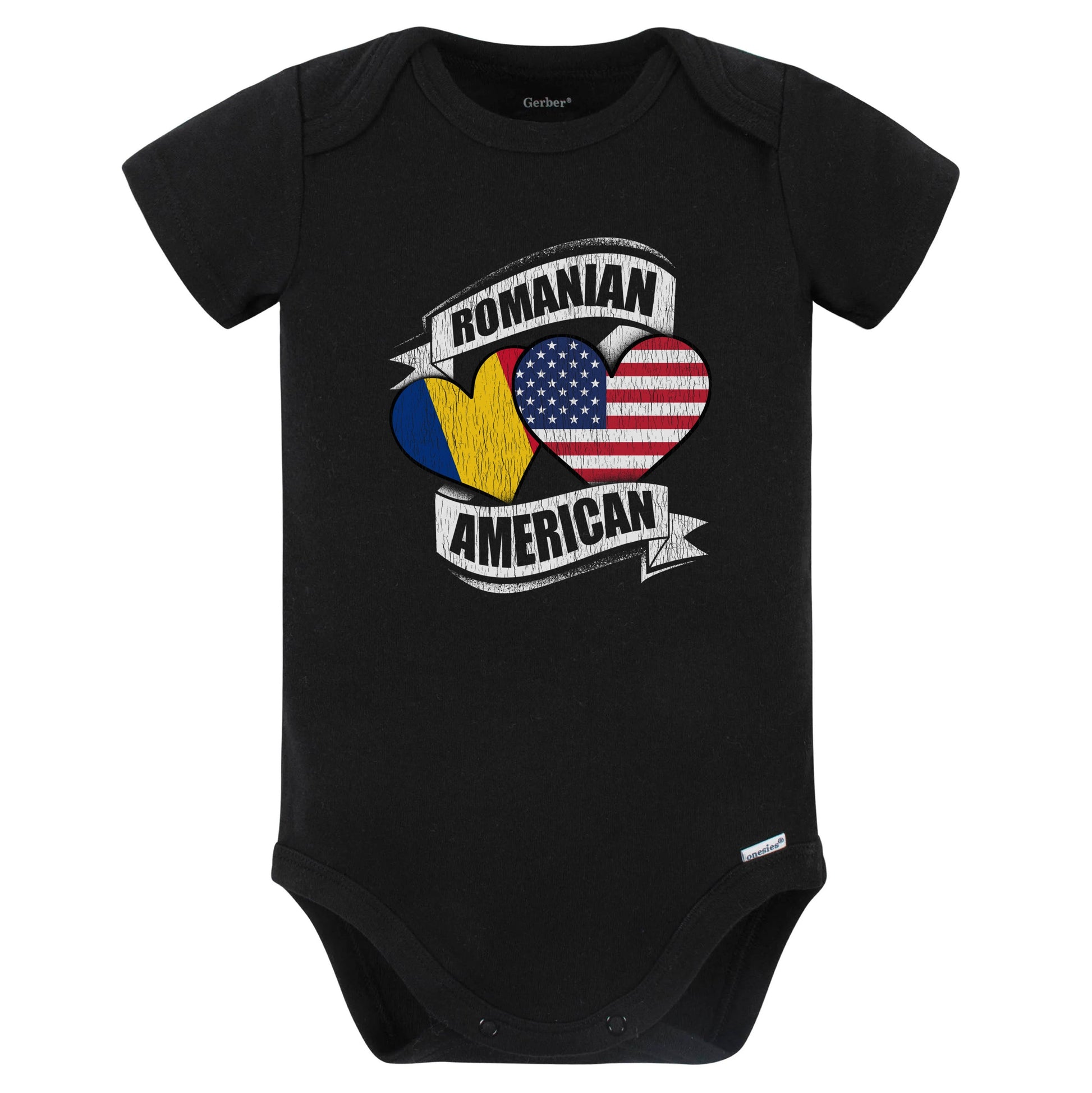 Romanian American Hearts USA Romania Flags Baby Bodysuit (Black)