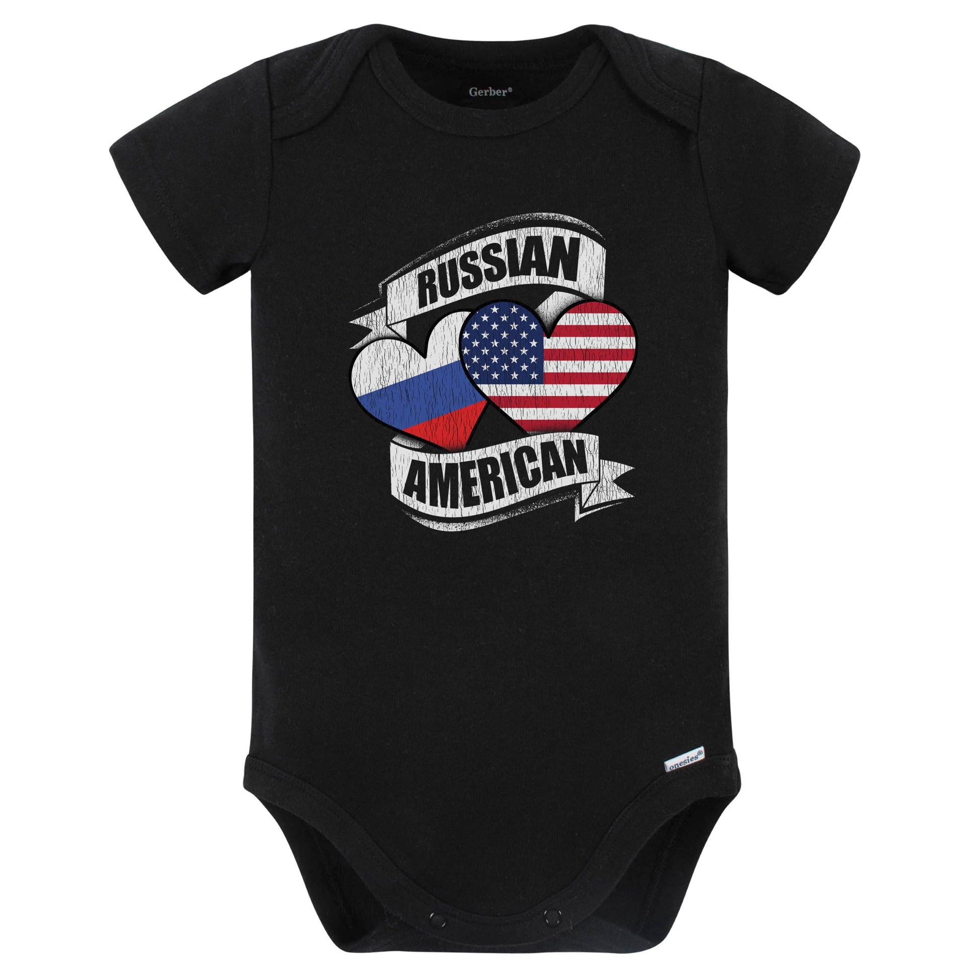 Russian American Hearts USA Russia Flags Baby Bodysuit (Black)