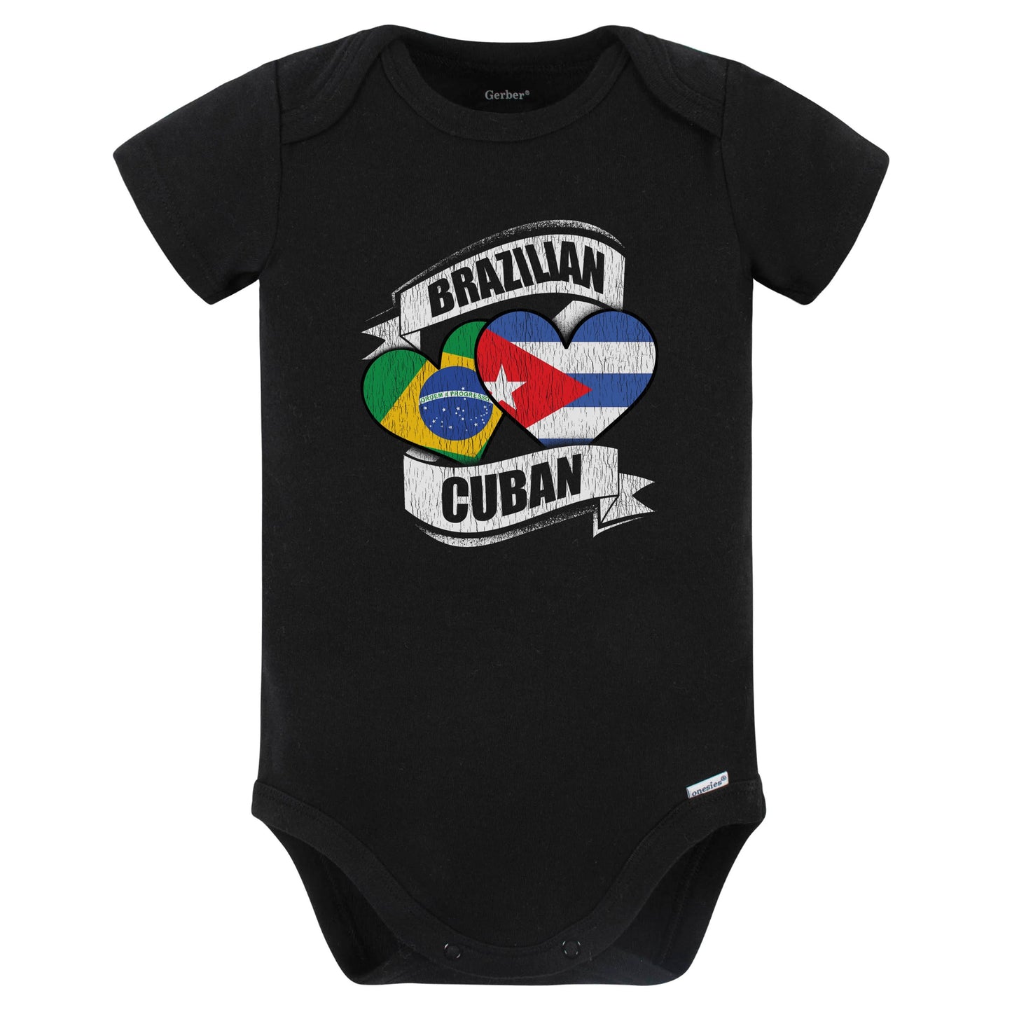 Brazilian Cuban Hearts Brazil Cuba Flags Baby Bodysuit (Black)