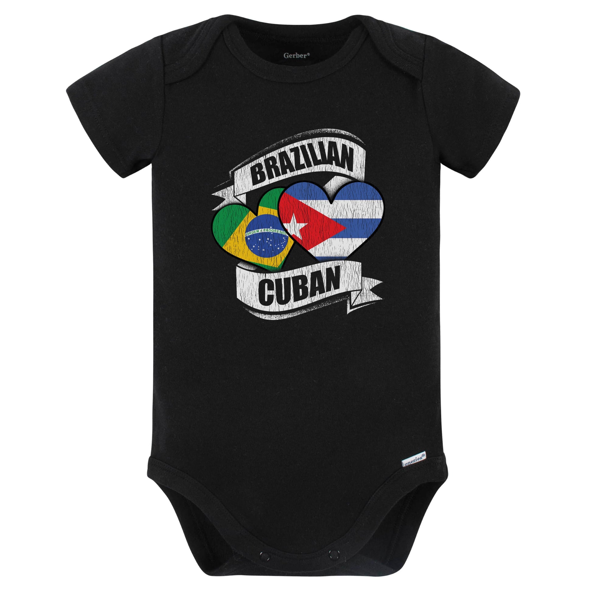 Brazilian Cuban Hearts Brazil Cuba Flags Baby Bodysuit (Black)