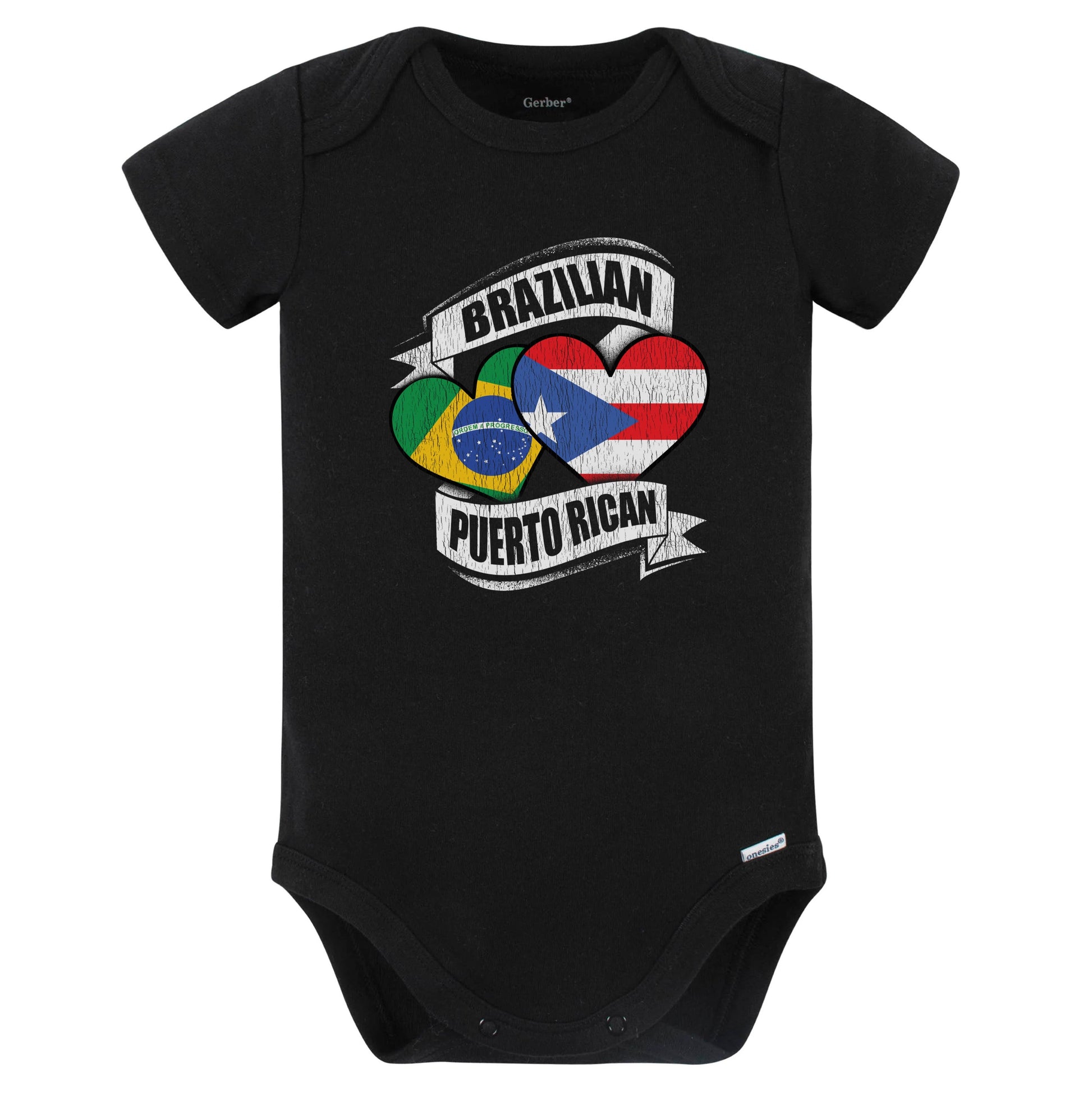 Brazilian Puerto Rican Hearts Brazil Puerto Rico Flags Baby Bodysuit (Black)