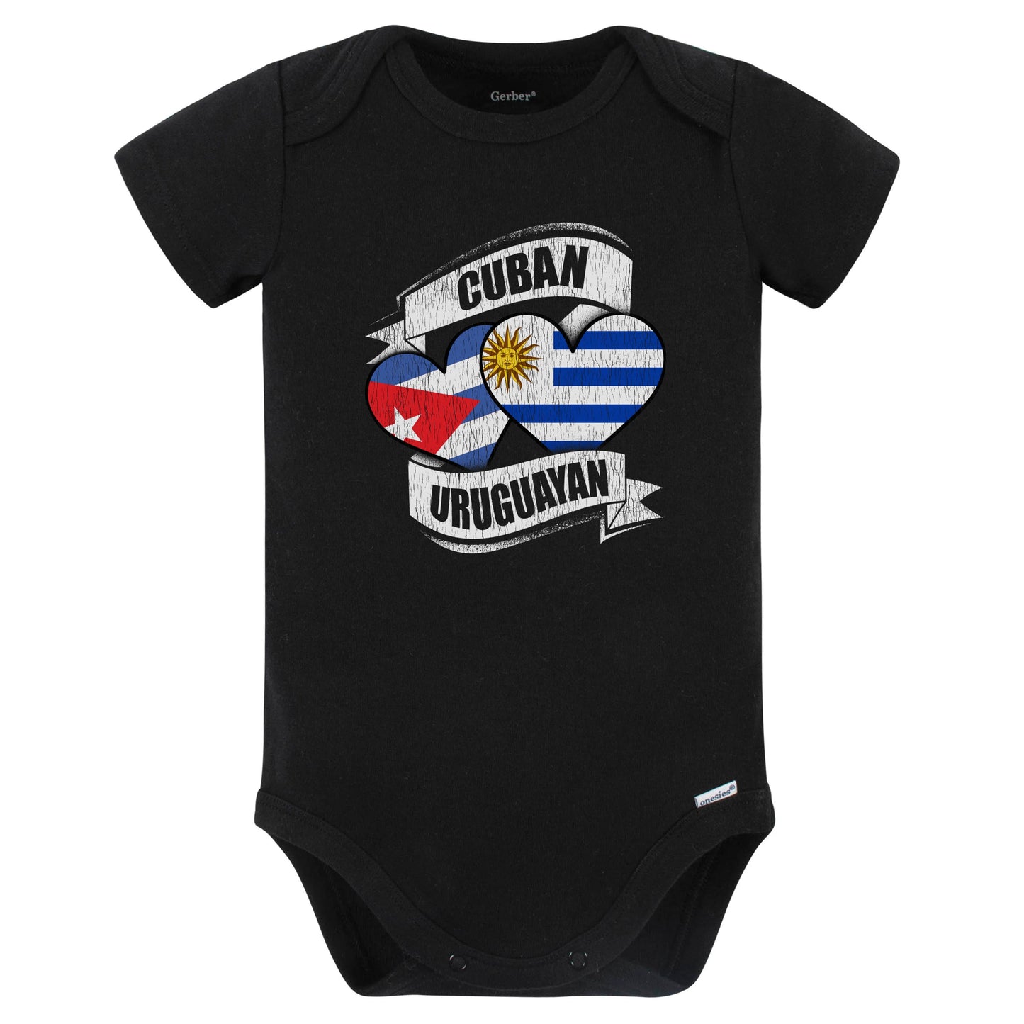 Cuban Uruguayan Hearts Cuba Uruguay Flags Baby Bodysuit (Black)