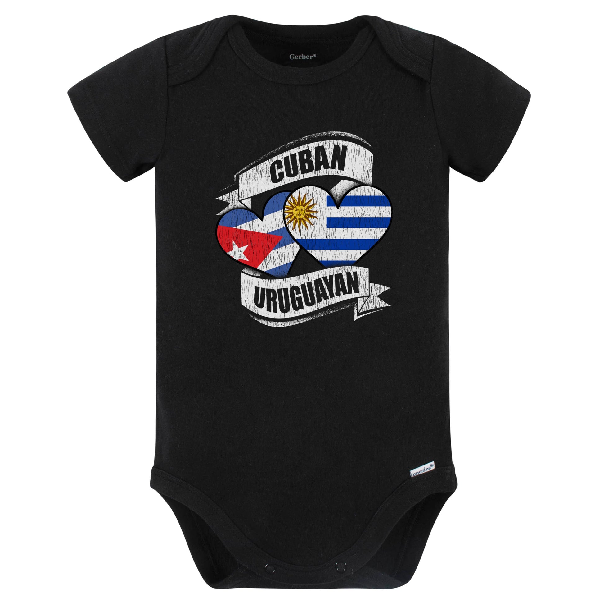 Cuban Uruguayan Hearts Cuba Uruguay Flags Baby Bodysuit (Black)