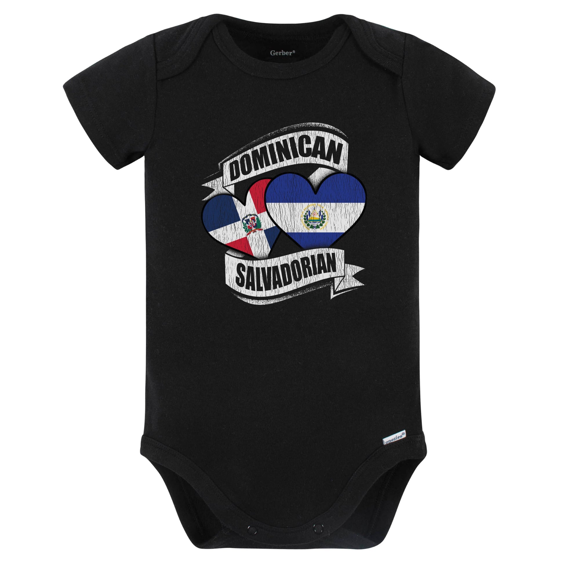 Dominican Salvadorian Hearts Dominican El Salvador Flags Baby Bodysuit (Black)
